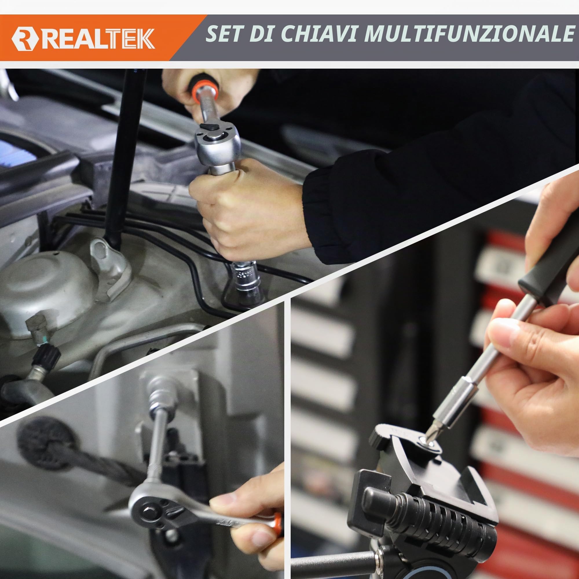 REALTEK Set Chiavi a Bussola, Chiavi a Cricchetto 1/4''+3/8"+1/2'' 178 Pezzi, 72 denti, Cr-V, Adatto per Lavori su Biciclette e Automobili le riparazioni