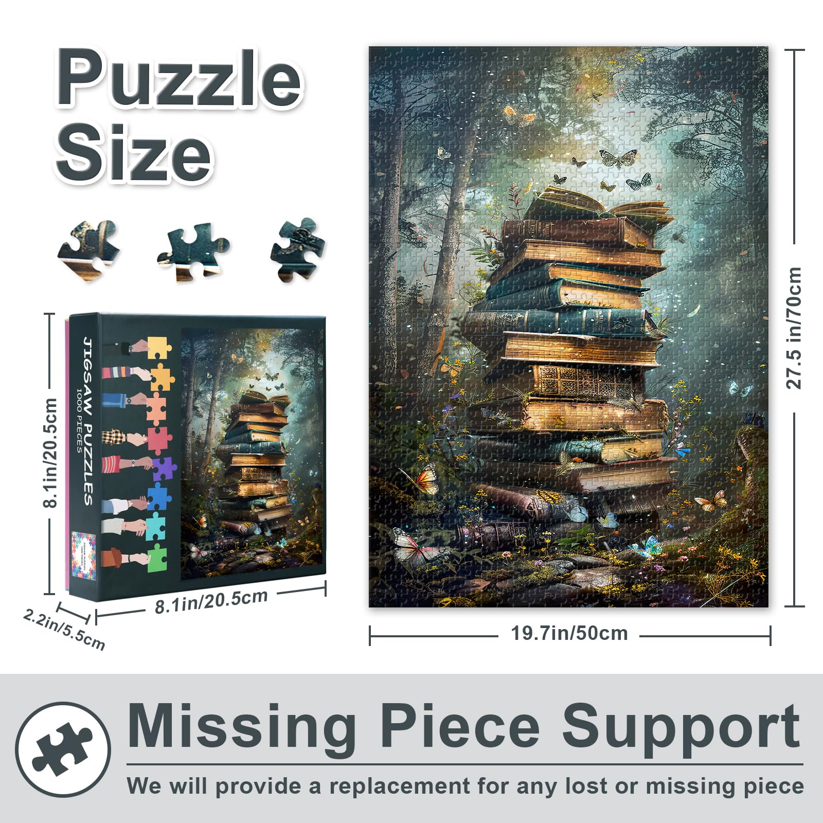 Magical Book Stack Jigsaw Puzzle 1000 Pieces for Adults Fantasy Forest Butterfly Wonderland Escape Room Activity Family Game Night Premium Artwork 27.5x19.7 Inch - Image 3