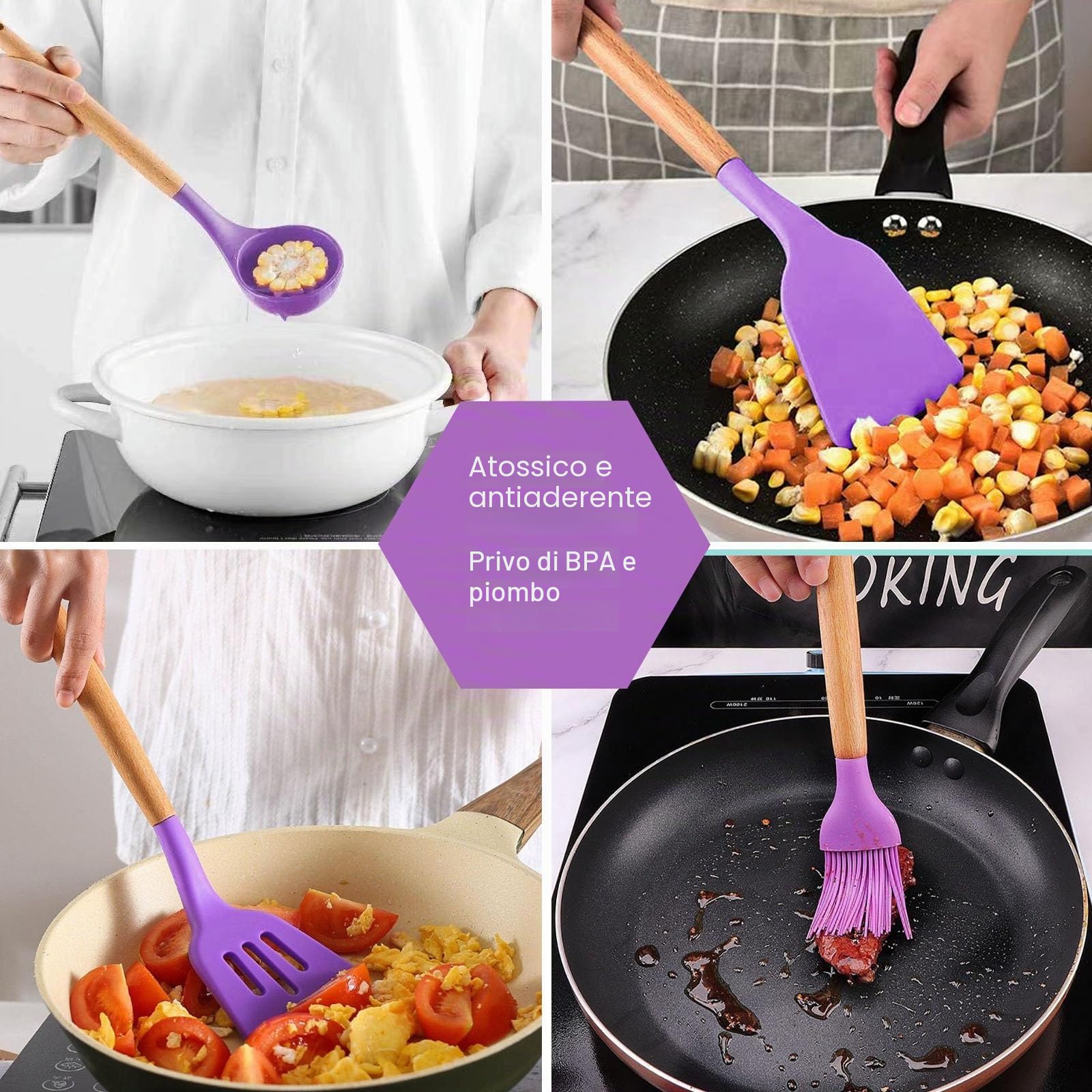 Set di utensili da cucina, 12 pezzi, set di utensili da cucina in silicone con manico in legno, resistenti al calore, antiaderenti, set di utensili da cucina in silicone, adatti per la cucina (viola)