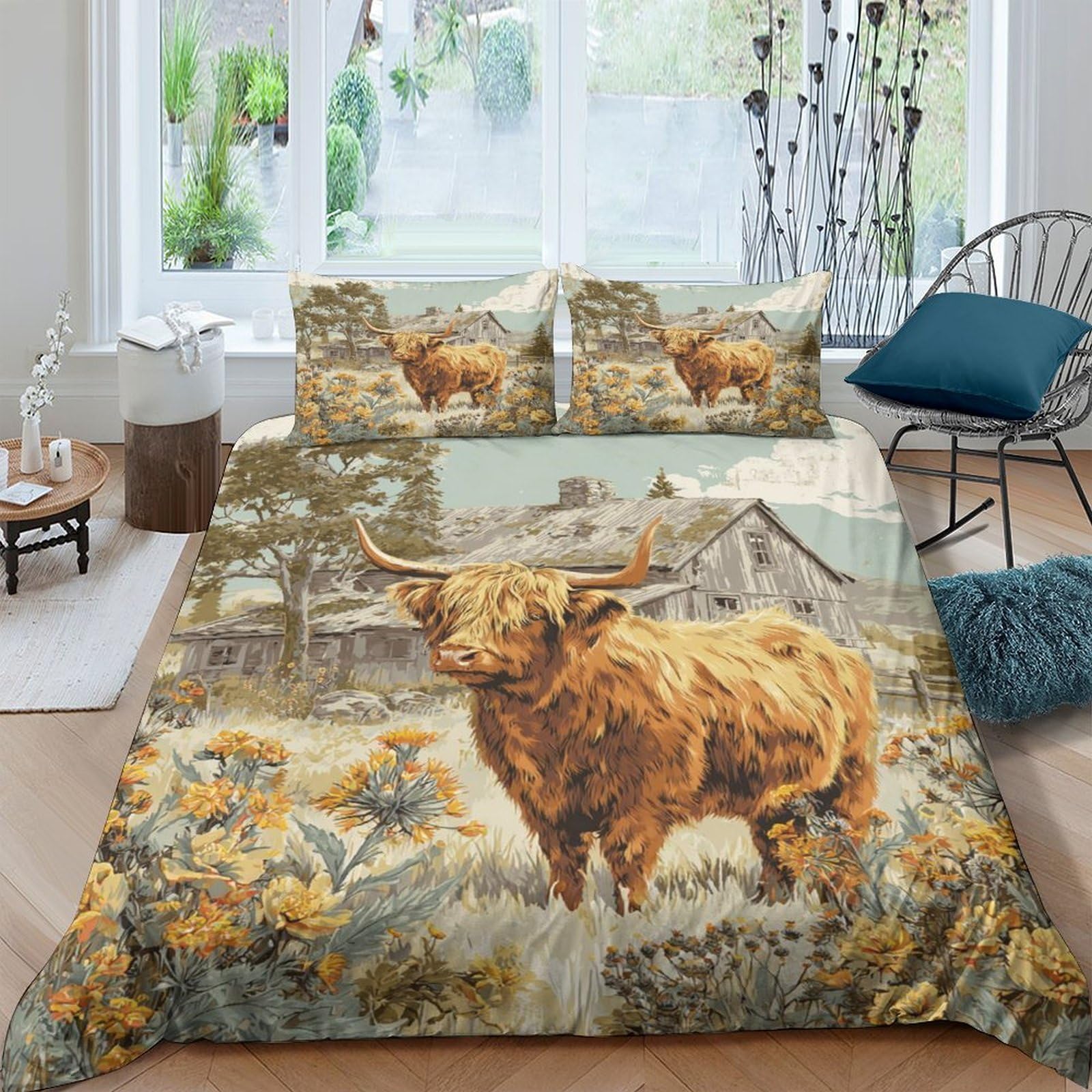 Ctjqhvkz Style-3 3D Printed Highland Cow Fitted Sheet Microfiber Soft Breathable Landscape Mattress Cover For Bedroom Guest Room Decor Single（135X200cm）