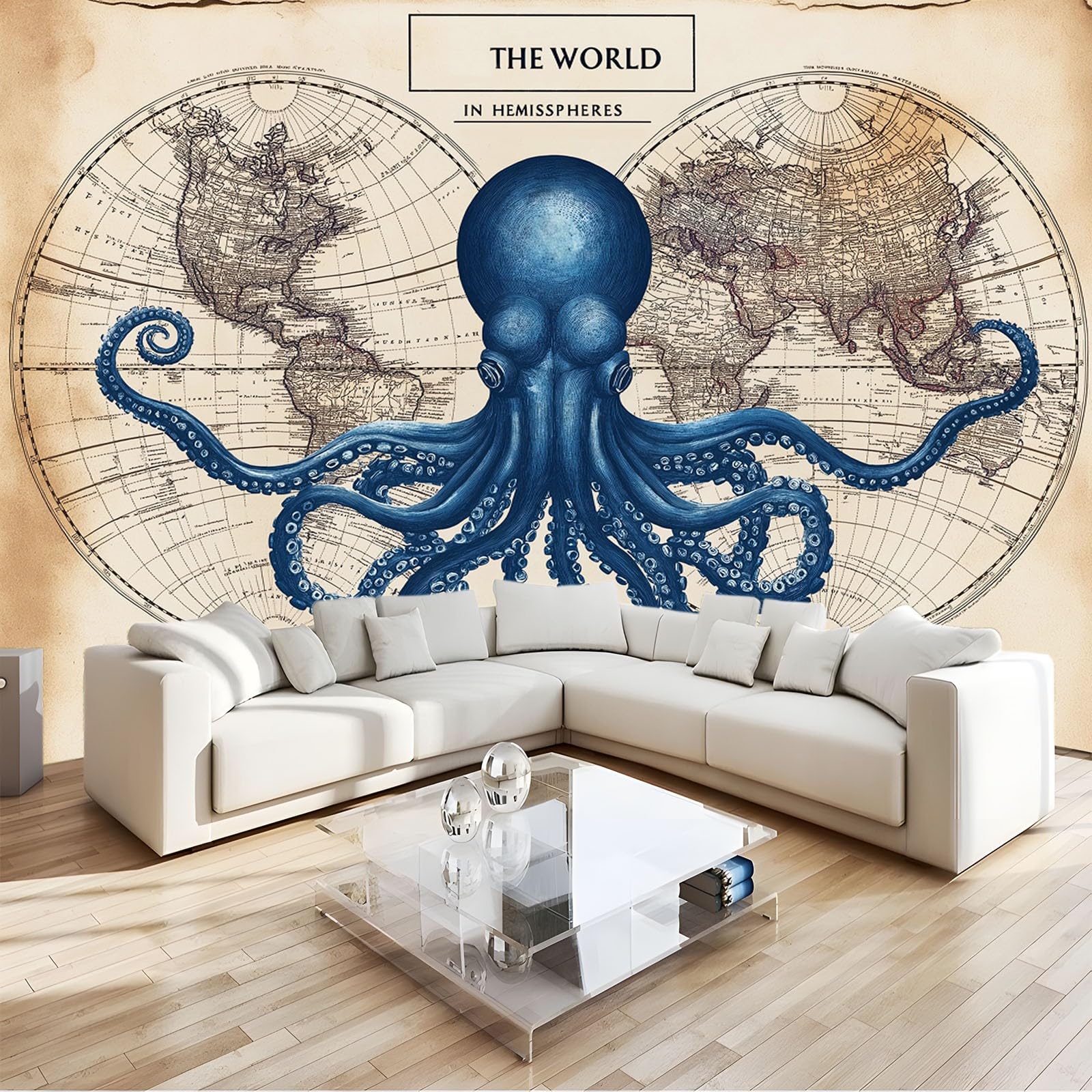 Tapeta Salon 3D Retro Mapa świata Ośmiornica 350 x 256 cm Fototapeta HD Nowoczesny druk, do sypialni TV Dekoracja tła Fototapeta Moda Ściana