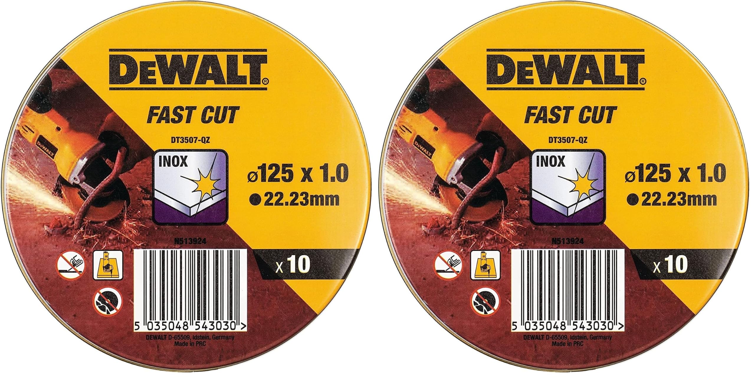 DEWALT Coffret de 10 Disques Pour Meuleuse - Dimensions 125 mm x 1 mm - Matériau de Disque Robuste en Étain - Pour Acier Inoxydable - Convient pour une Utilisation Professionnelle, DT3507-QZ