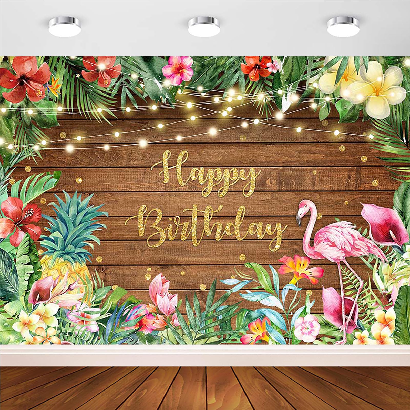 Avezano Tropical Flamingo Birthday Backdrop for Girls Hawaiian Party Decorations Summer Wood Floral Leaves Lights Luau Happy Birthday Party Banner