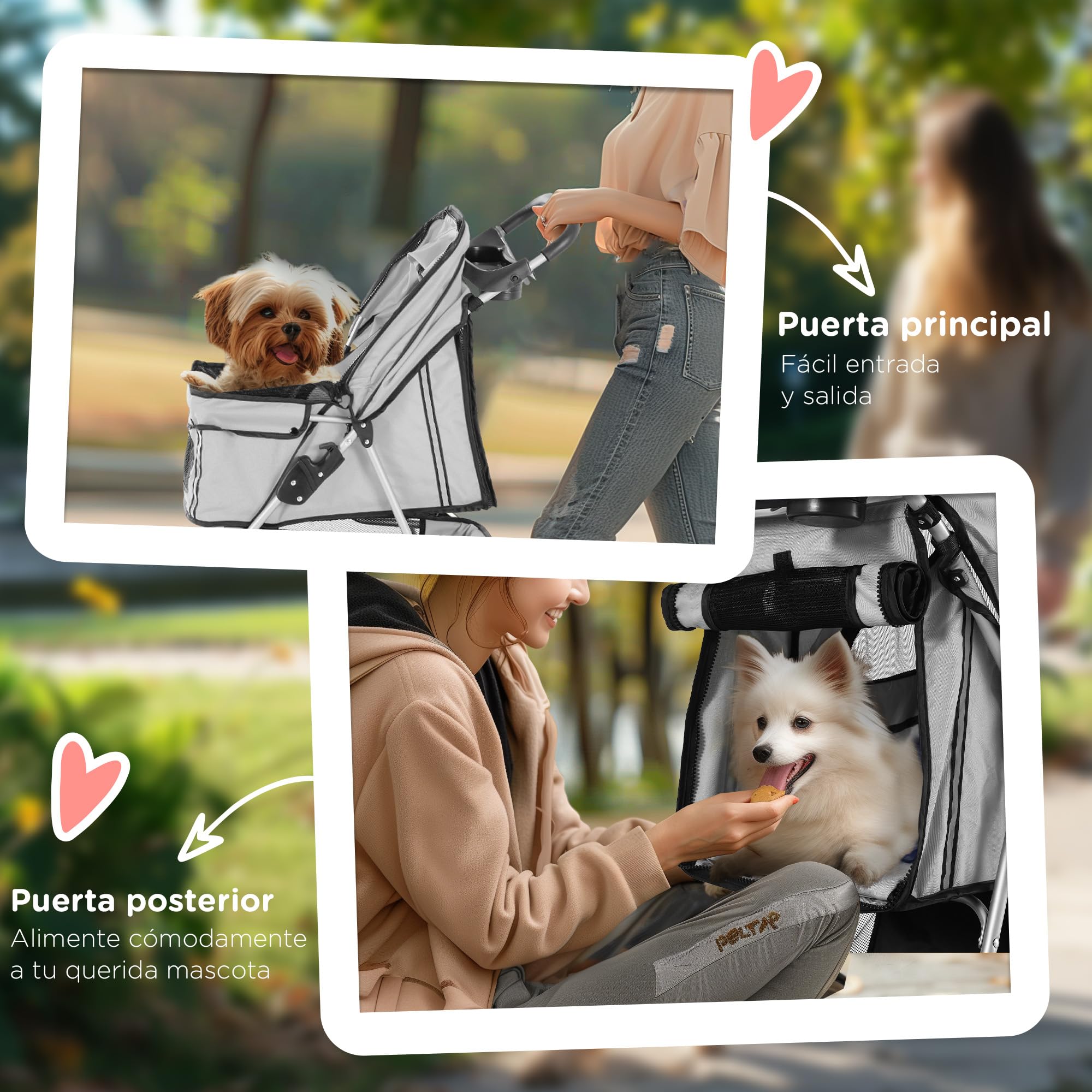 PawHut Cochecito Plegable Mascotas 75x45x97cm Perros Gatos Carrito Ruedas giran 360º Gris