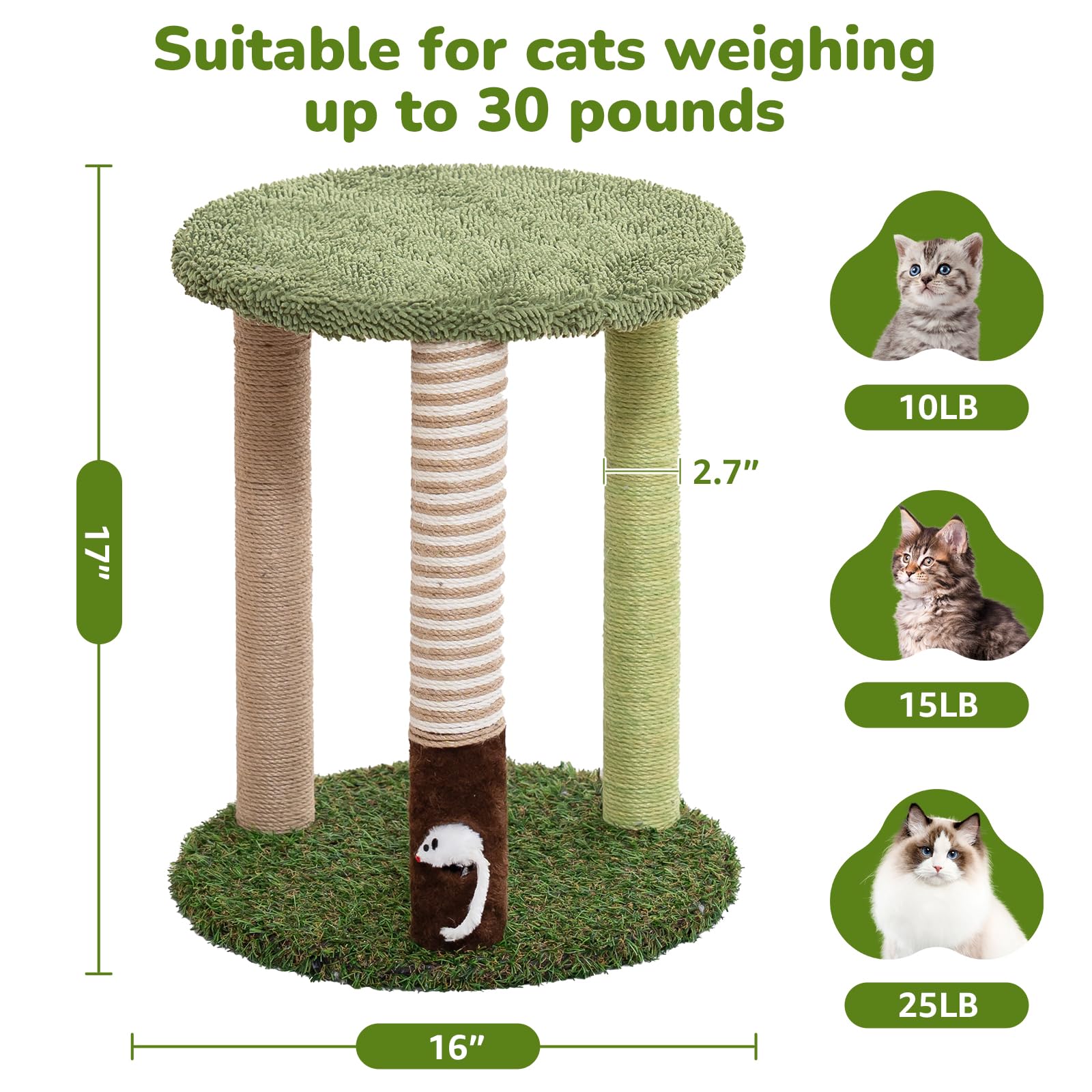WOOCHPET Tiragraffi a torre con 3 tronci, altezza 55,9 cm, in sisal con divertente giocattolo per gatti e gatti adulti, piccola torre di gatto e asta per gatti indoor (verde)