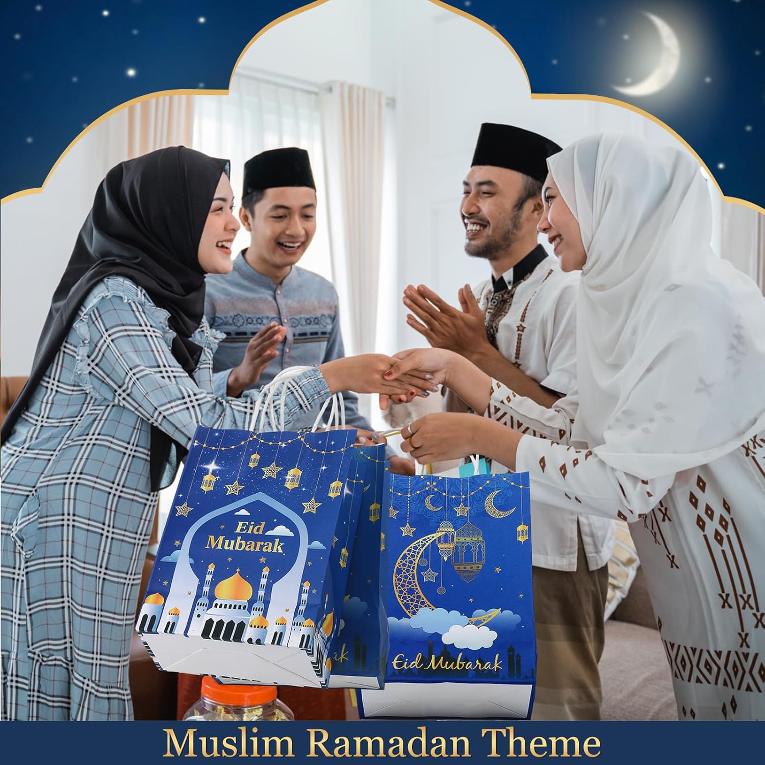 Trandraft 24 Pcs Ramadan Mubarak Gift Bags with Tissue Paper Ramadan Goodies Happy Eid Gift Bags Muslim Party Favor with Handle for Eid Muslim Supplies Al Fitr Party Decoration(Blue) - Image 6