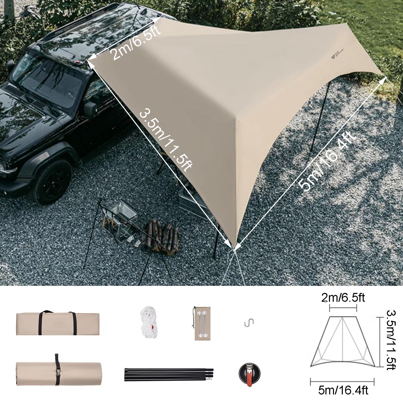 Toldo Coche for Acampar, Toldo Caravana Portátil, Toldo Furgoneta Camper, Liviano y Duradero, No Necesita Herrajes for Portaequipajes, Lona for Toldo Versátil