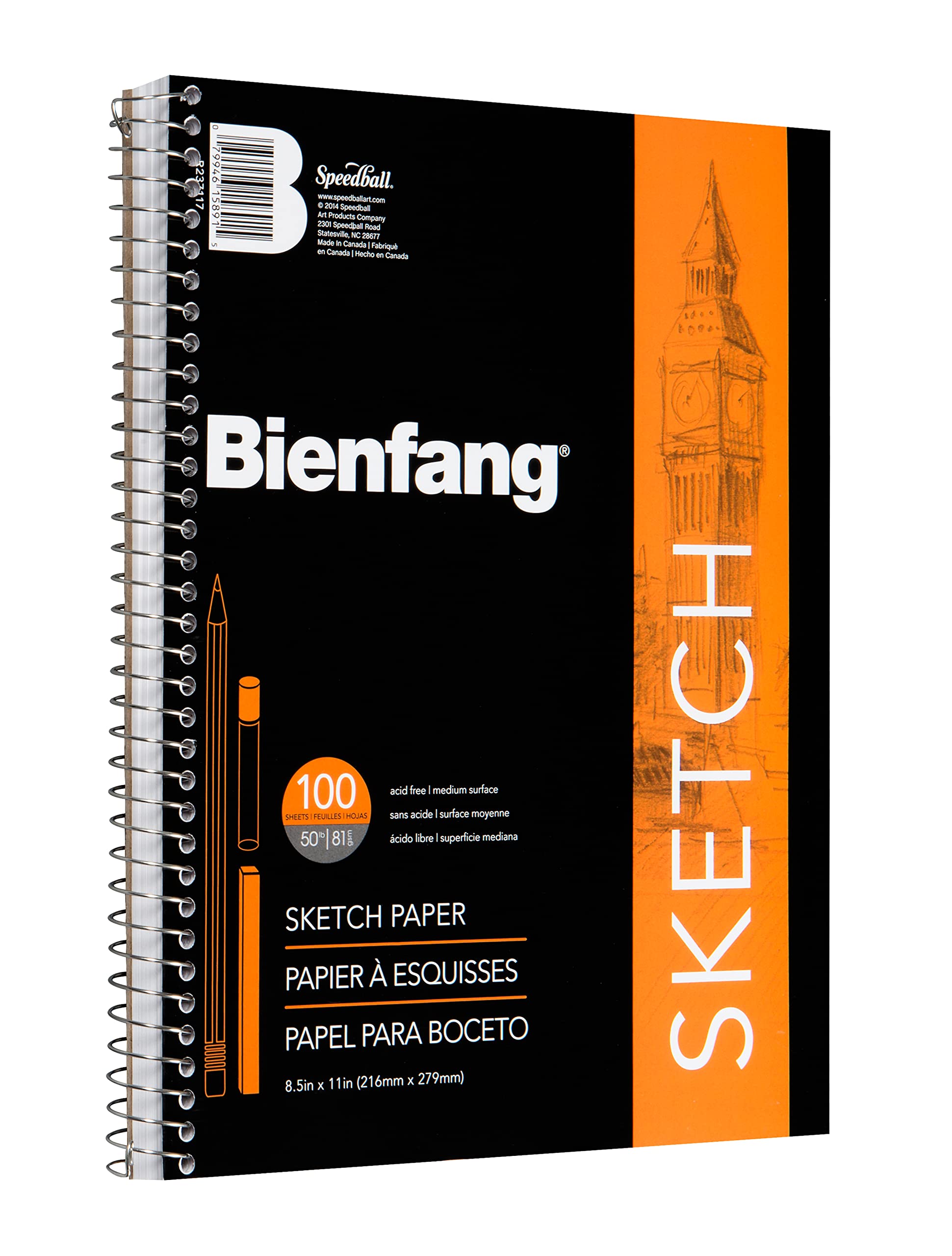 Bienfang Skizzenblock, 21,6 x 27,9 cm, 100 Blatt à 27,2 kg, 90 g/m² Kunstpapier, Spiralbindung, Skizzenbuch, Zeichenheft