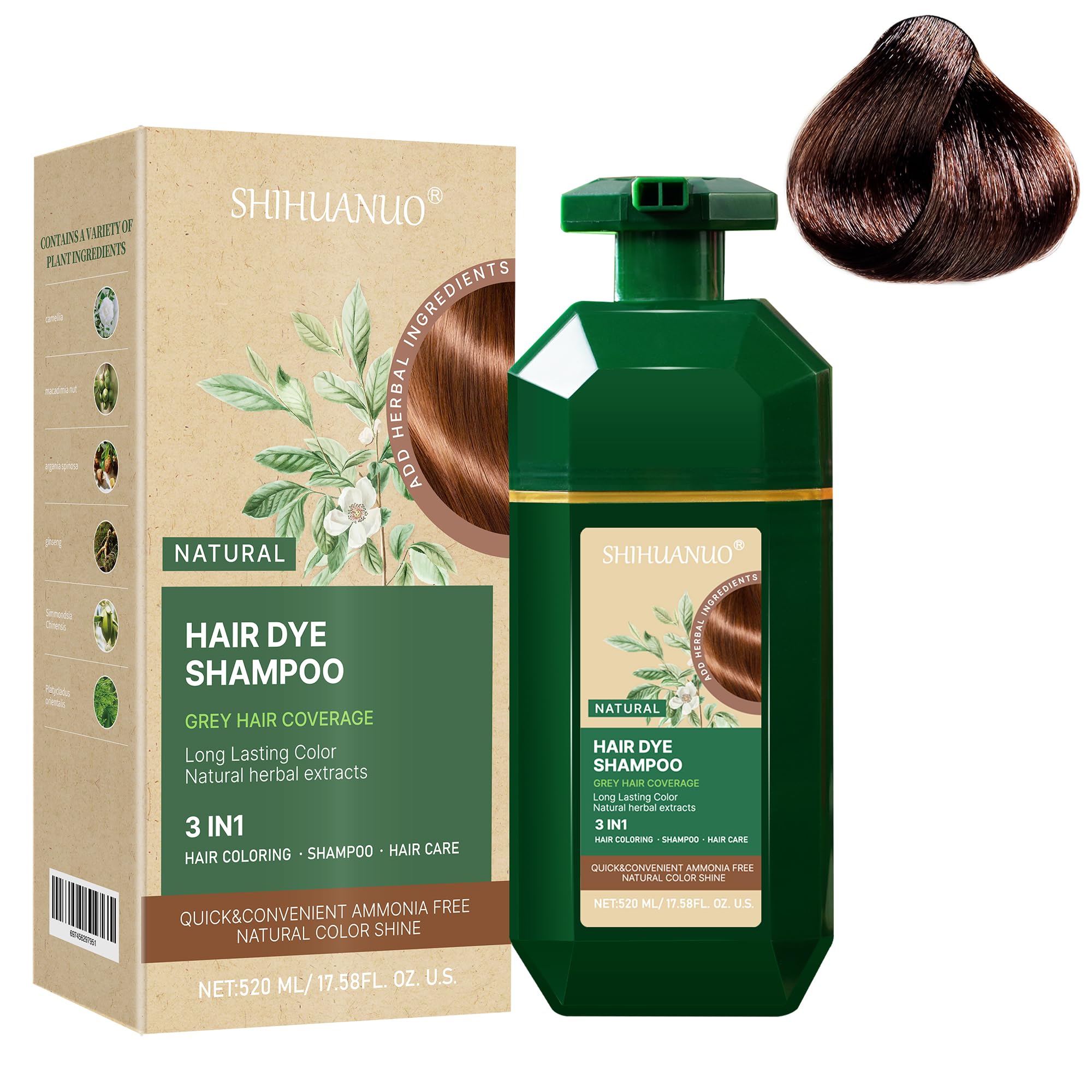 Hair Dye Shampoo 3 in 1 for Gray Hair Coverage, Herbal Ingredients Natural Shampoo Hair Dye for Women & Men/PDD-Free 520m(Brown)