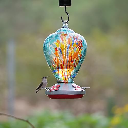 Miniatura 7 de Muse Garden Comedero para colibríes para exteriores, 2 unidades, vidrio soplado a mano, 34 onzas, contiene foso de hormigas, luz diurna y cometa
