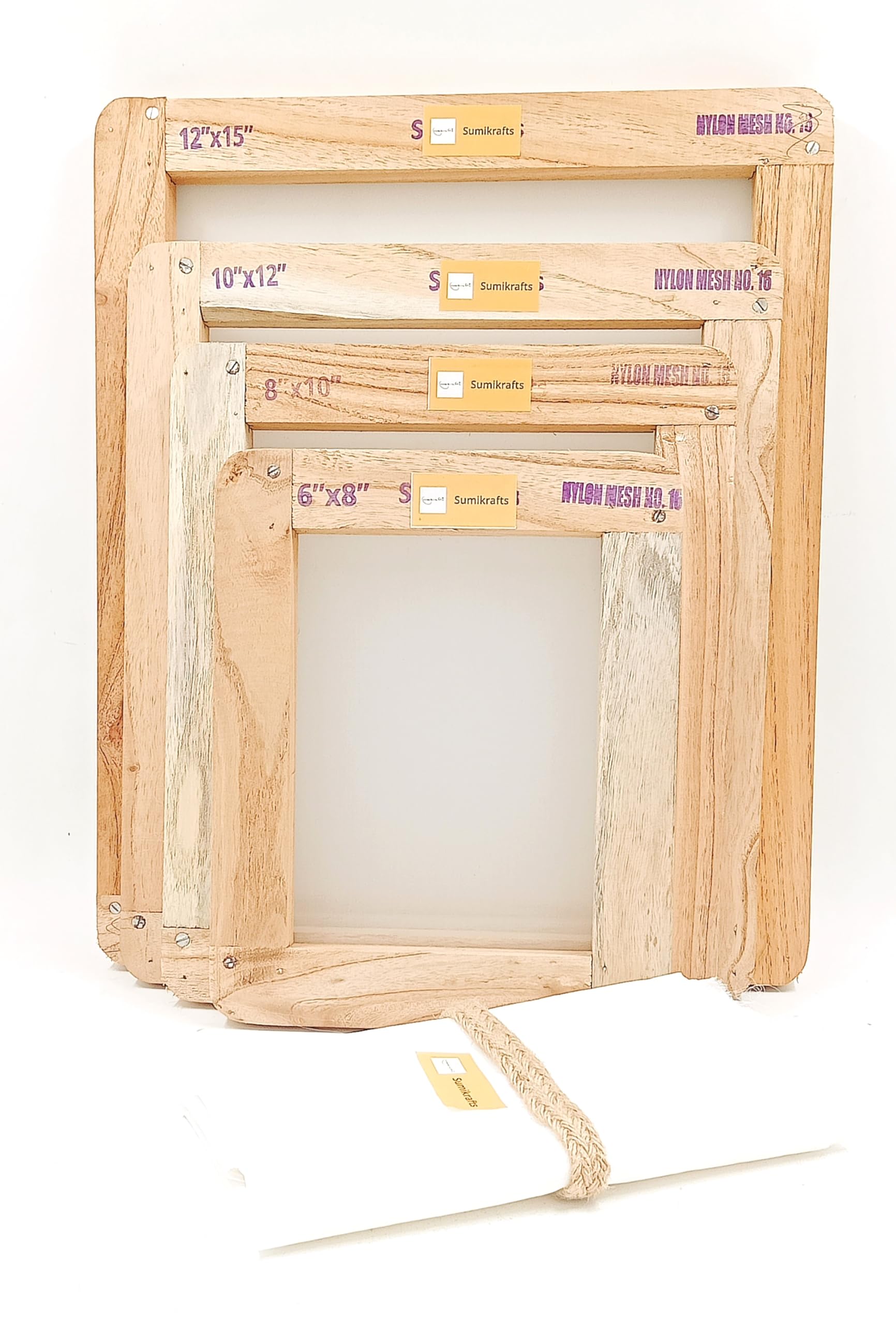 sumikrafts Screen Printing kit-Wooden Frame-4 Assorted Sizes (6"x8"+8”x10”+10”x12”+12”x15”) inches-Nylon mesh 16(1120 Micron)-1 metre-image-24