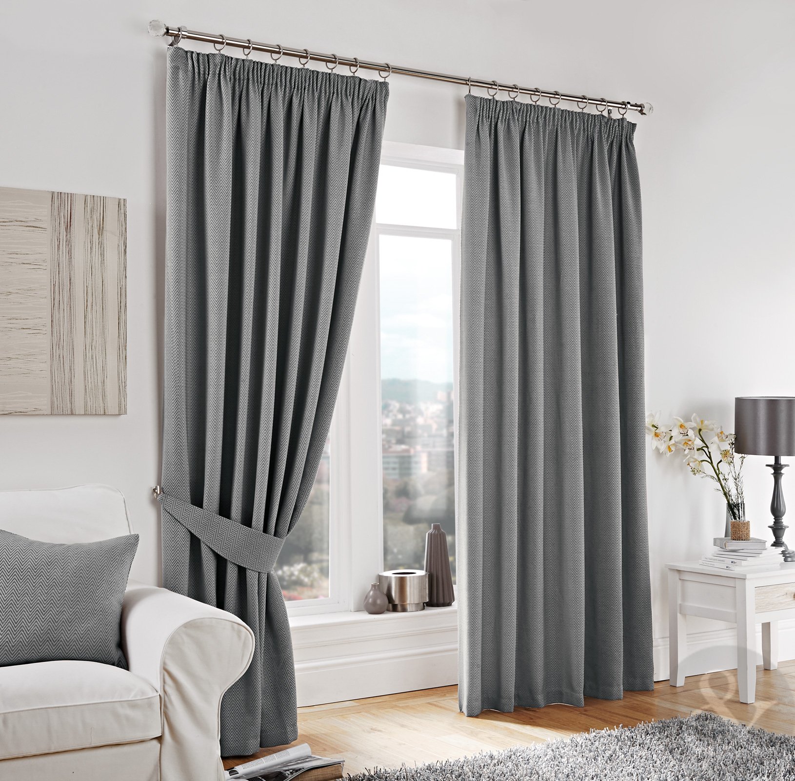 Just Contempo Herringbone Pencil Pleat Lined Curtains, Silver, 46x54 inches
