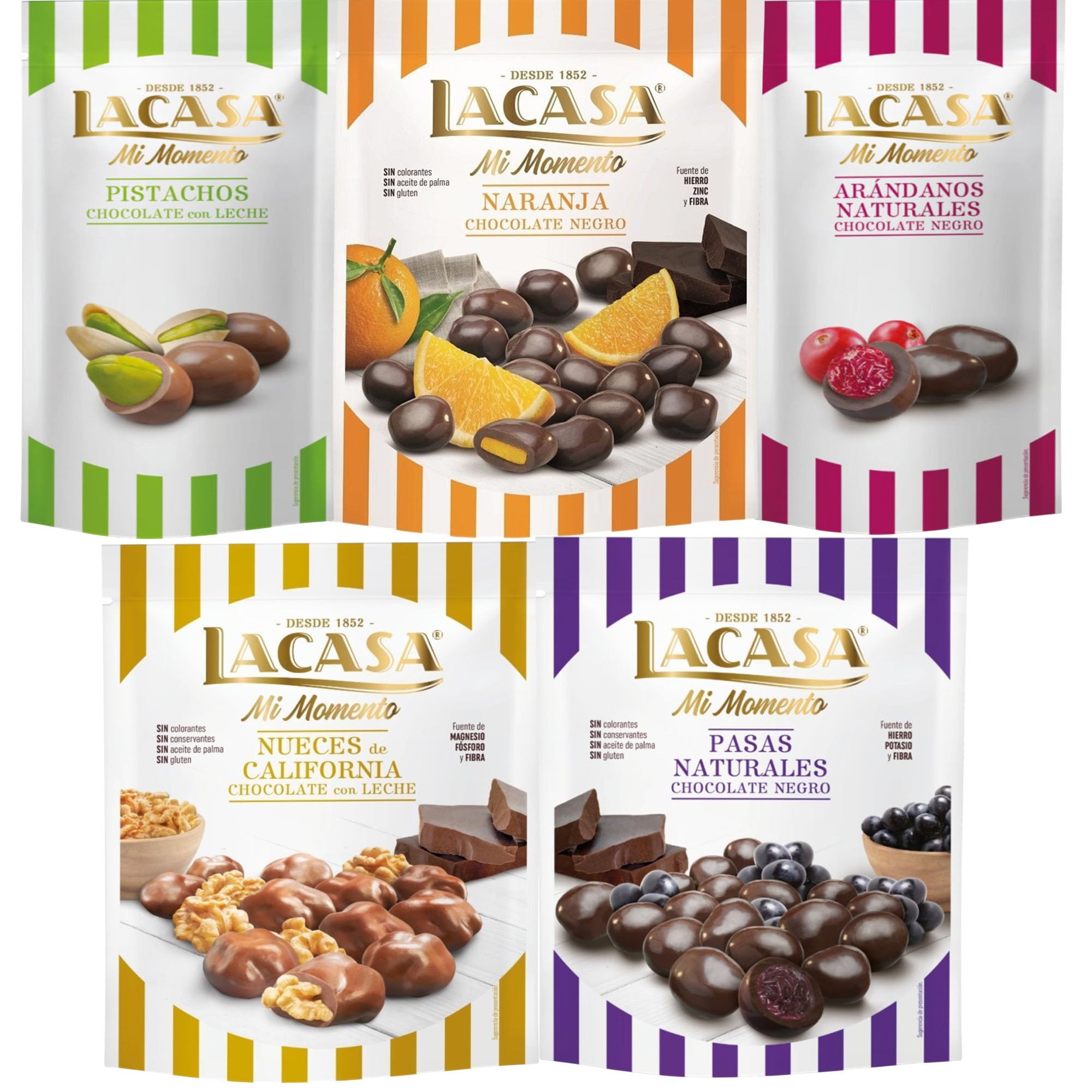 Lacasa Mi Momento pack de 5:Arándano Choco Negro,Pistacho Choco Leche,Nueces Choco Leche,Pasas Choco Negro,Naranja Choco Negro
