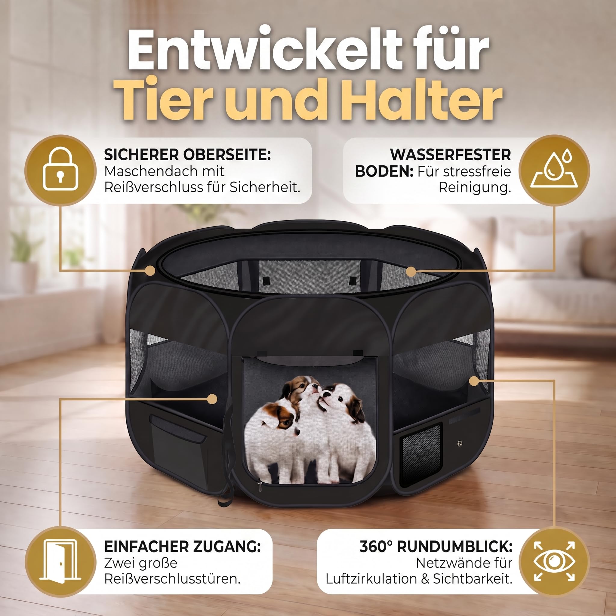 all Pets United® Welpenauslauf Indoor – XXL Laufstall für Hunde & Katzen | Faltbarer Freigehege-Laufstall für die Wohnung – Oxford-Gewebe, wasserfest, Pop-Up, 120 x 120 x 65 cm