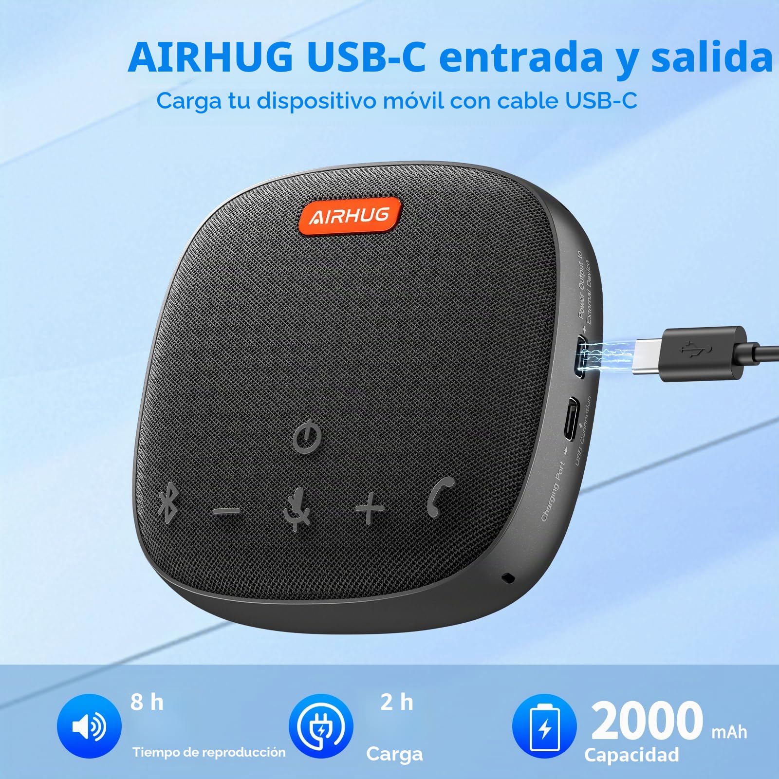AIRHUG - Altavoz y micrófono de Conferencia, Altavoz Bluetooth con Recogida de Voz de 360°, reducción Avanzada de Ruido, USB-C Plug & Play, Compatible con Zoom y MS Team