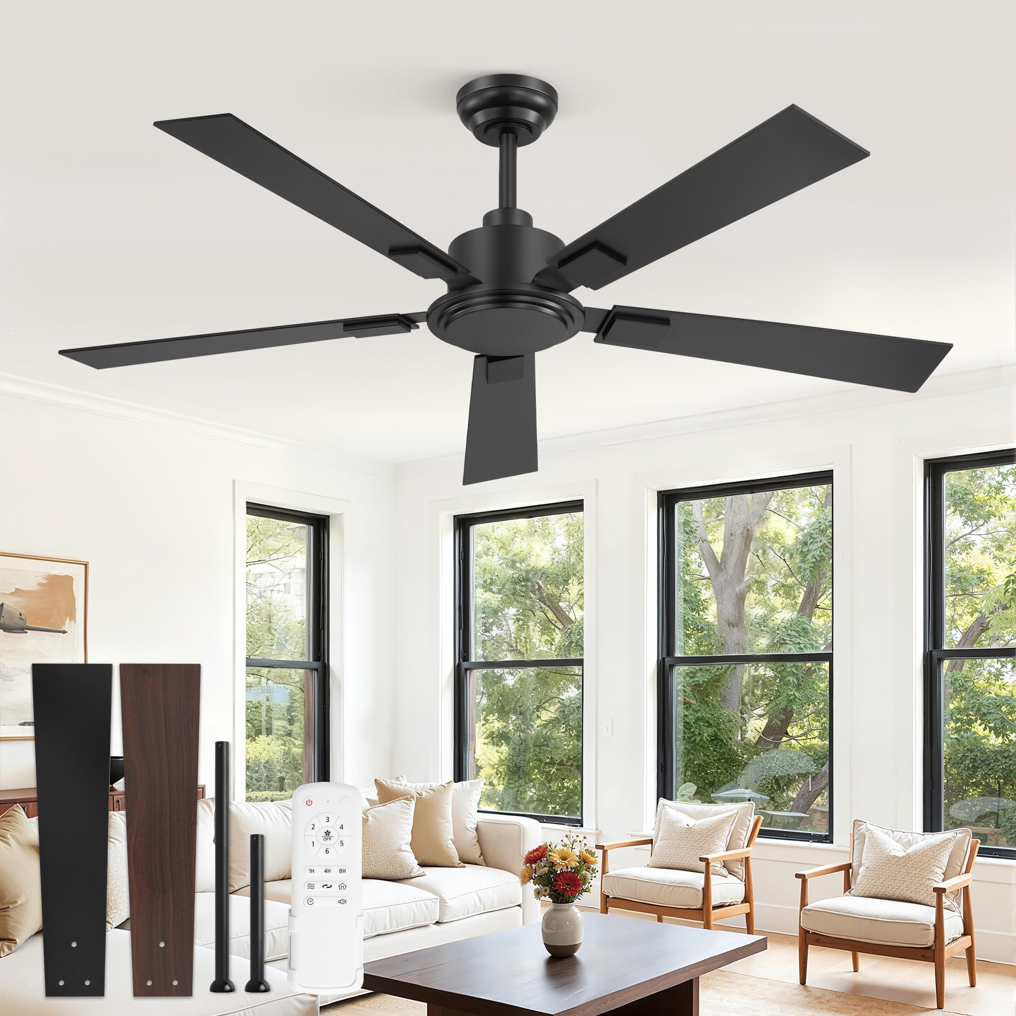 Photo 1 of ZMISHIBO 52 Inch Ceiling Fan No Light with Remote, Black Ceiling Fan without Lights, Quiet Reversible DC Motor, 6-Speeds, Modern Ceiling Fans for Living Room, Bedroom, Patio, Indoor/Outdoor Use