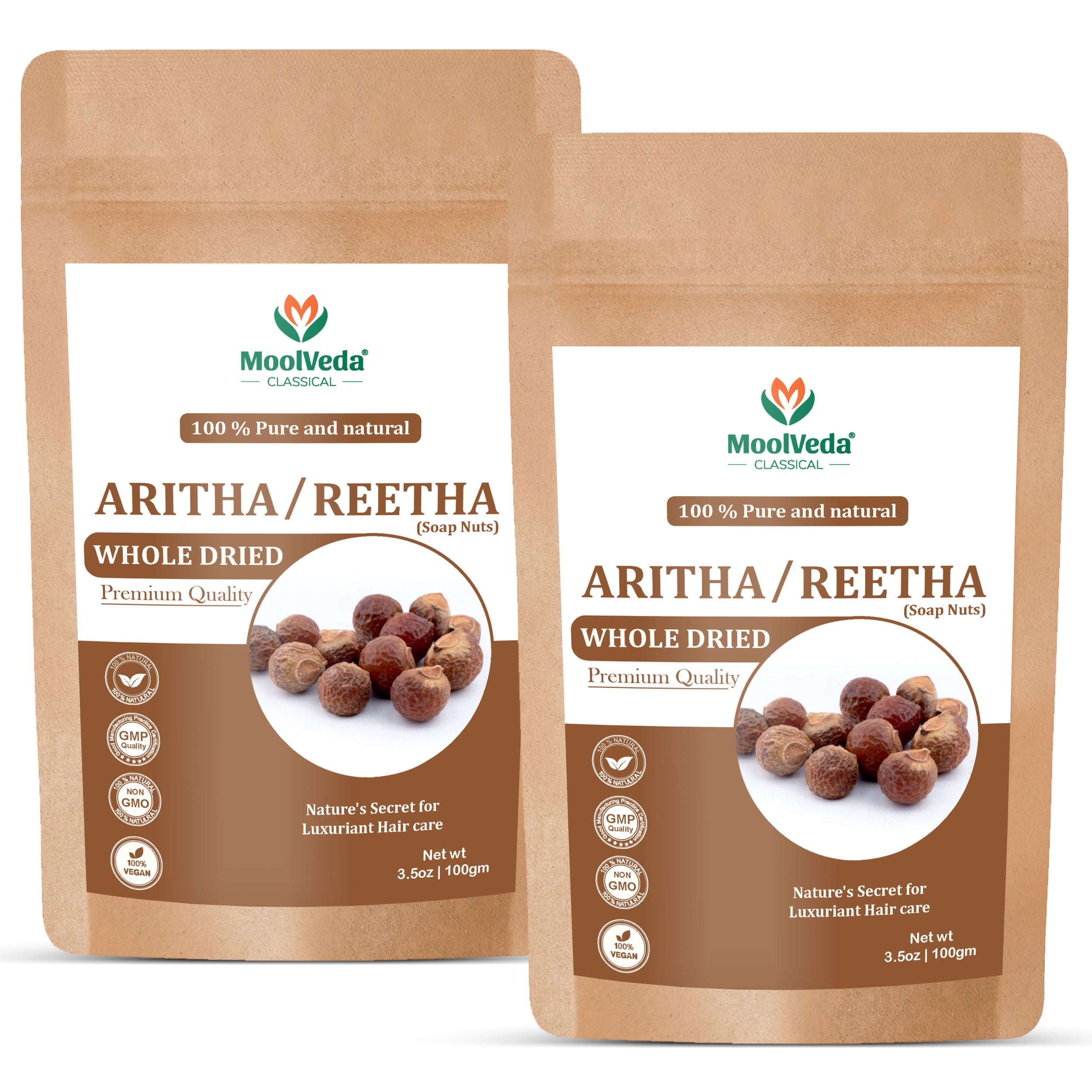 Moolveda 100% Pure and Natural Aritha/Reetha (Soap Nuts), Whole Dried, 3.5oz/100gm, Pack of 2