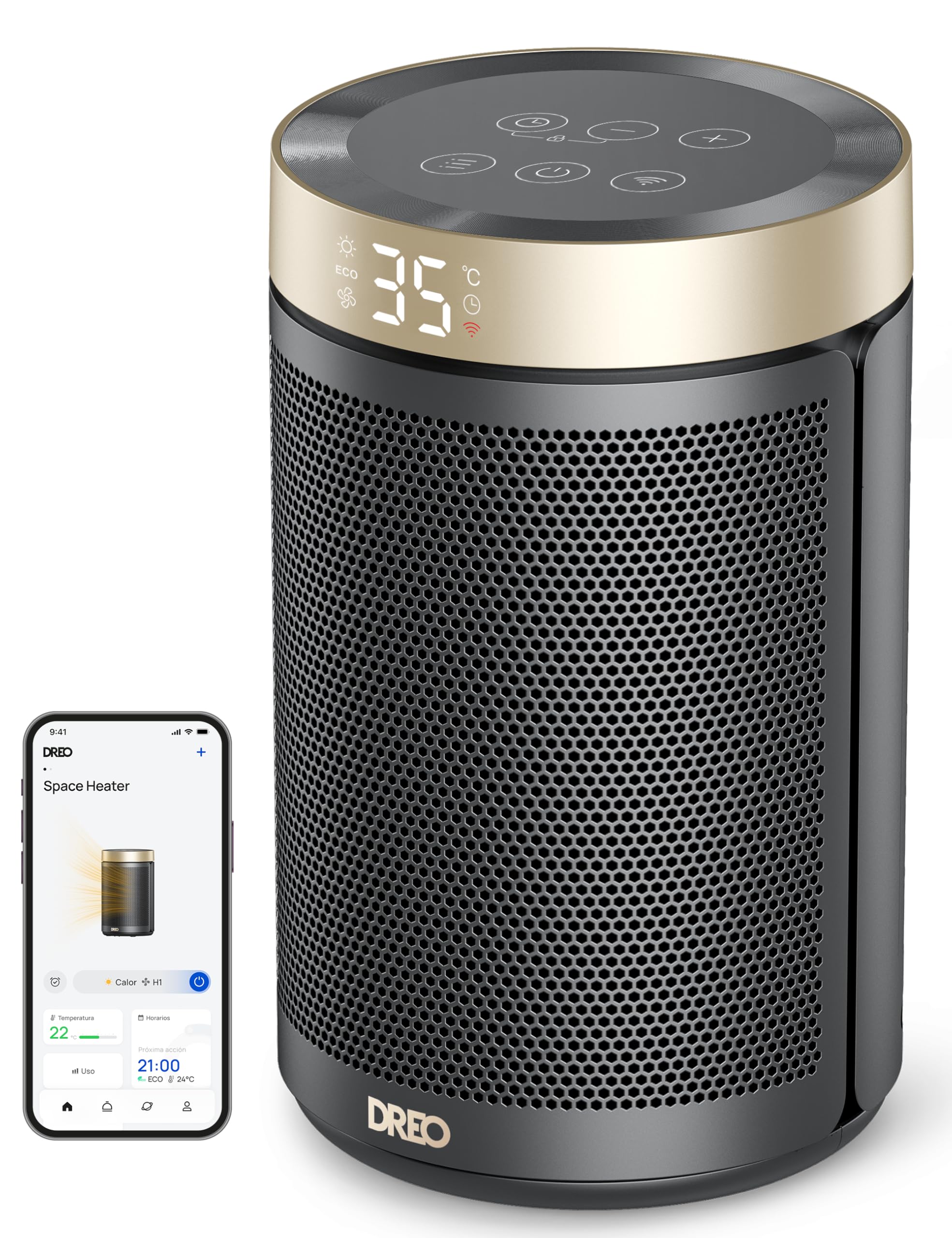 Calefactor Eléctrico Dreo, 1500 W Eficiente en Energía, Silencioso, Portátil, con Ventilador Cerámico, Termostato con 3 Modos, Temporizador de 12 Horas, para Dormitorio, Calefactor 316S, Dorado.