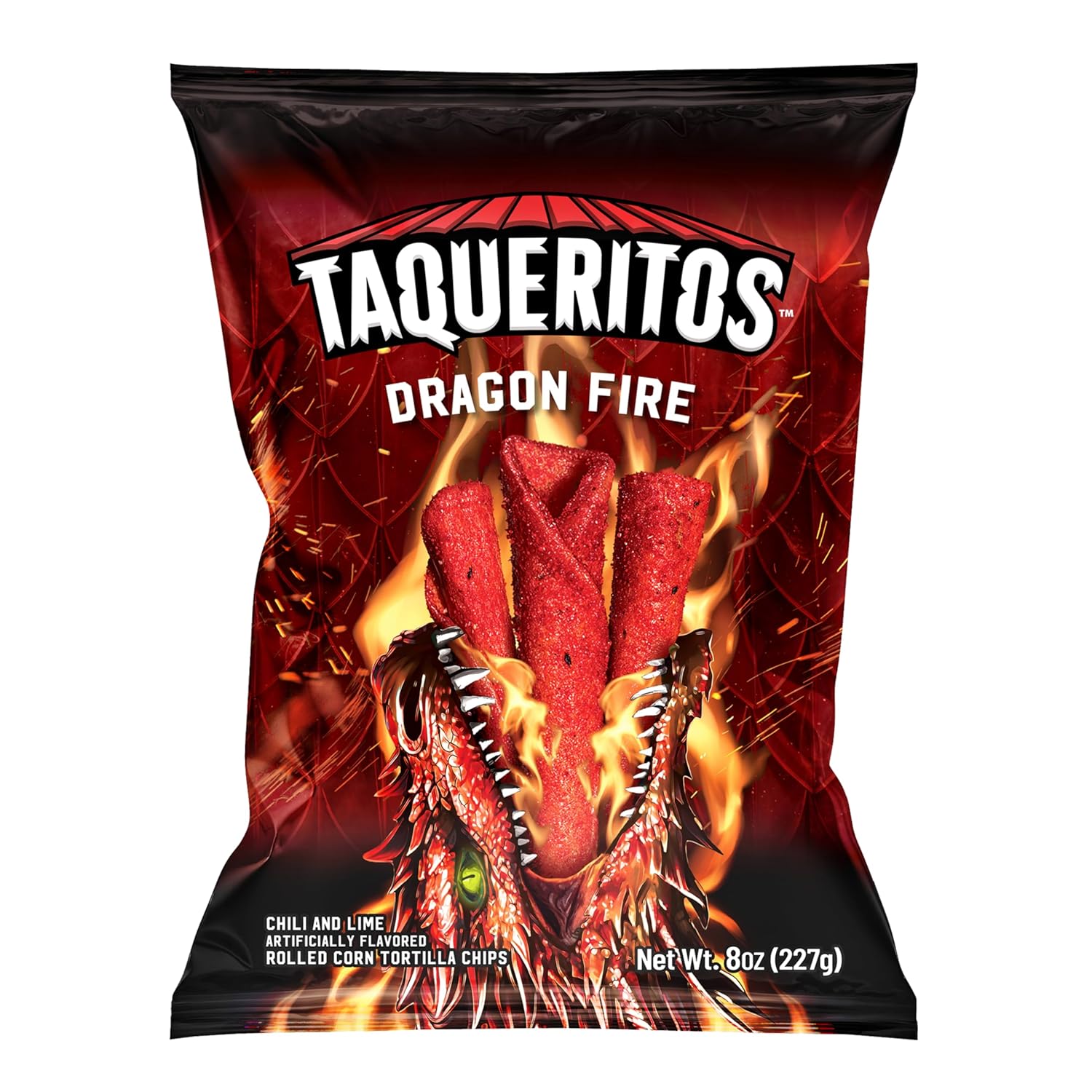 Taqueritos Dragon Fire, Spicy Rolled Corn Tortilla Chips, 8 oz (Pack of 1) 8 Ounce (Pack of 1)