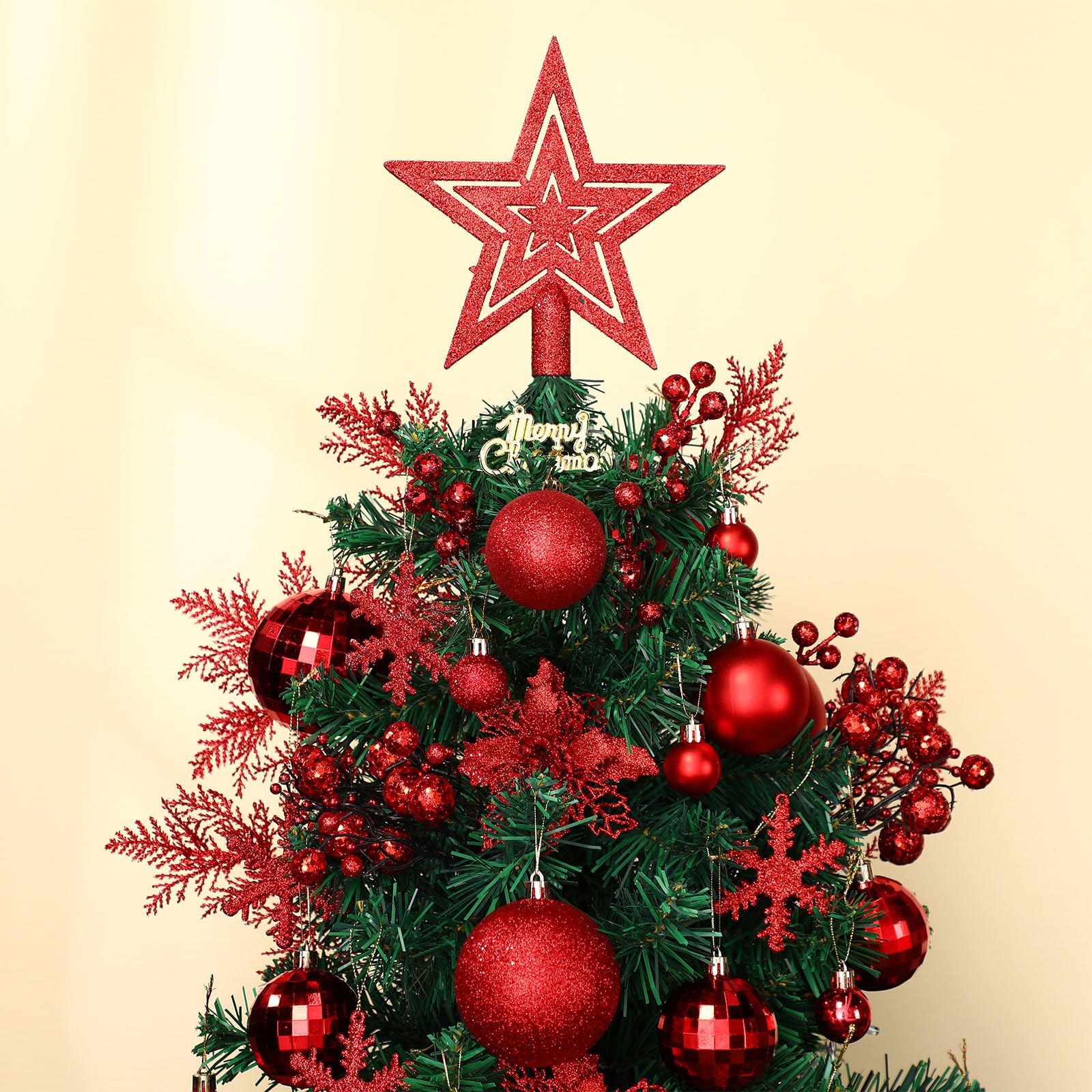 Lot de 94 décorations de sapin de Noël comprenant des boules de Noël à paillettes - Poinsettia - Fleurs de poinsettia à paillettes - Tiges de baies à paillettes pour Noël, vacances, mariage (rouge)