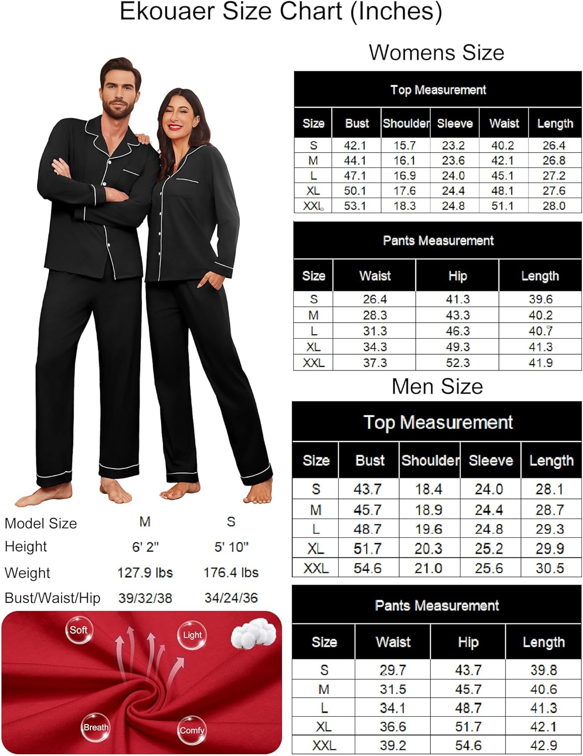 Ekouaer Couple Matching Pajamas 100% Cotton Long Sleeve Sleepwear Button Down Loungewear Pjs Set S-XXL - Image 6