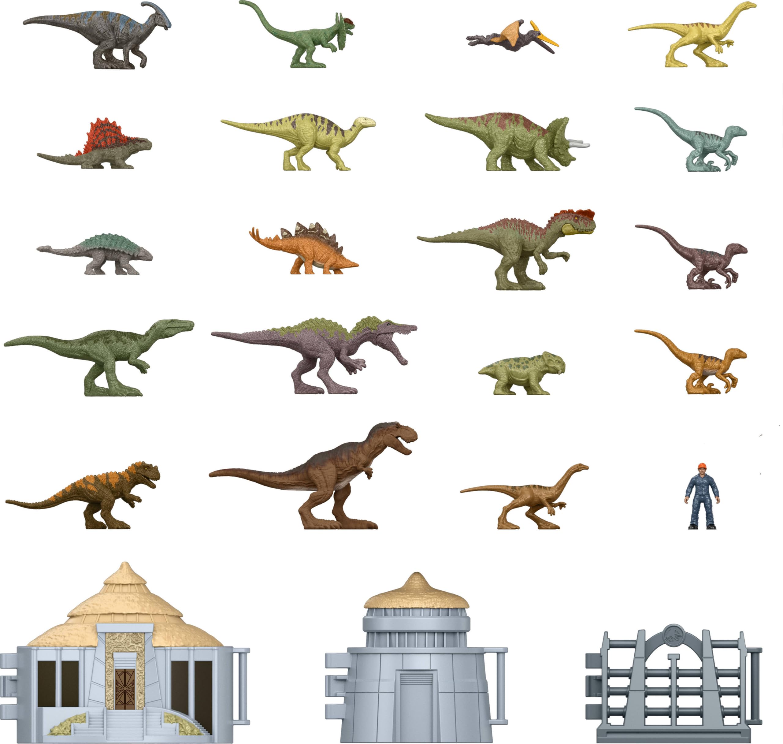 Mattel Jurassic World Minis Wyspa Dinozaurów Kalendarz adwentowy Zestaw, 24 dni niespodzianek, 19 minidinozaurów, 1 figurka człowieka, 4 akcesoria, figurki zabawki dla dzieci 4+, JLD23