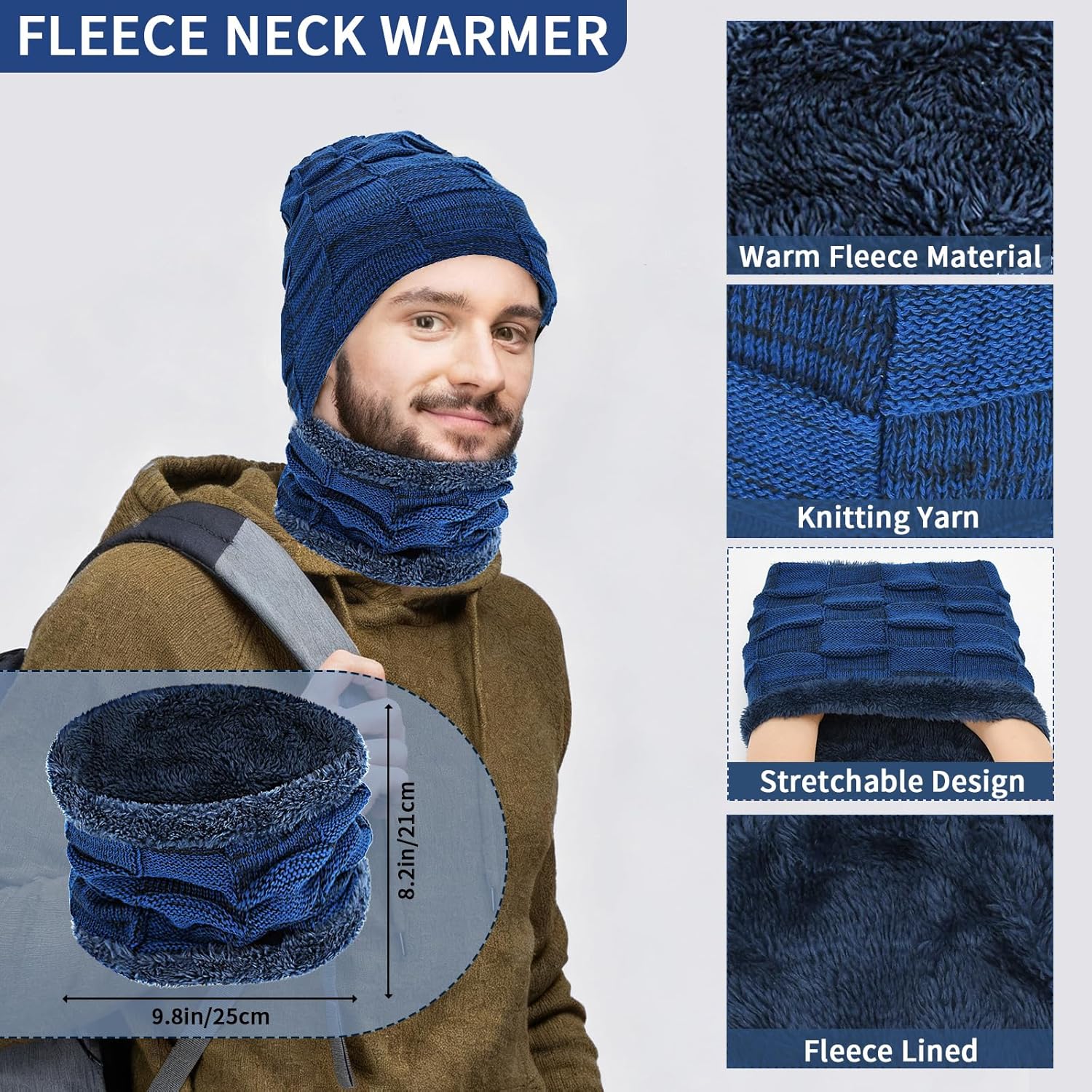 Mens Hat Set Touchscreen Glove Neck Warmer Winter Hats Scarf Gloves Set Slouchy Beanie Knit Fleece Skull Cap - Image 3