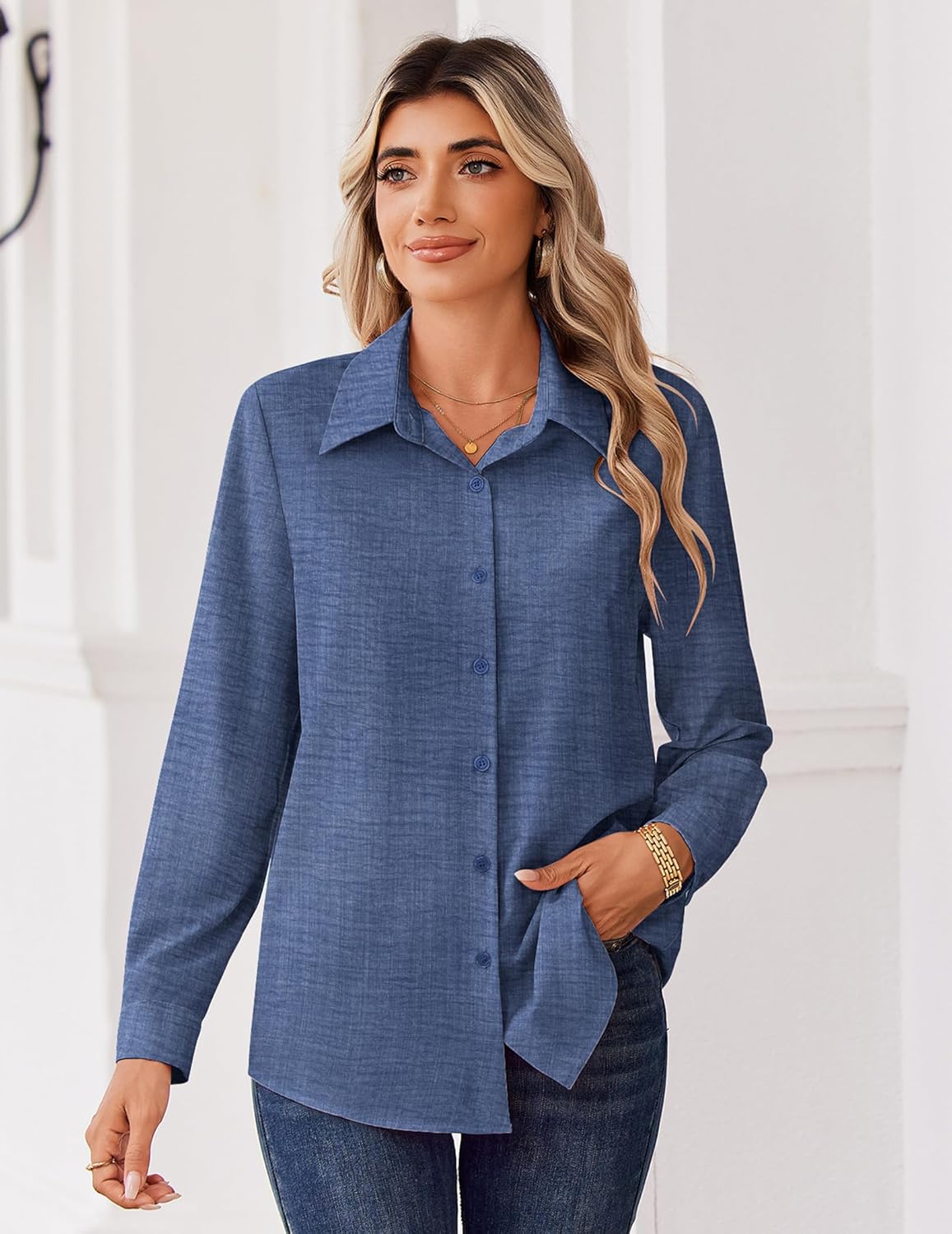 Zeagoo Blouse for Women Dressy Long Sleeve Button Down Shirts Business Casual Outfit Lightweight Solid/Printed Tops - Image 5