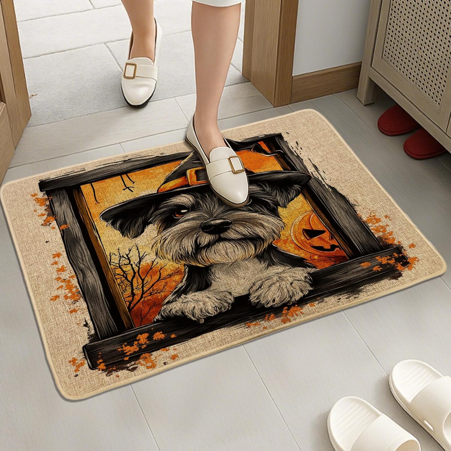 Halloween Schnauzer Dog Front Black Door Mat Outside Inside Entrance 29 * 17, Cute Funny Window Outdoor Indoor Washable Doormat, Small Pet Shoes Off Doormat for Patio Interior Garage