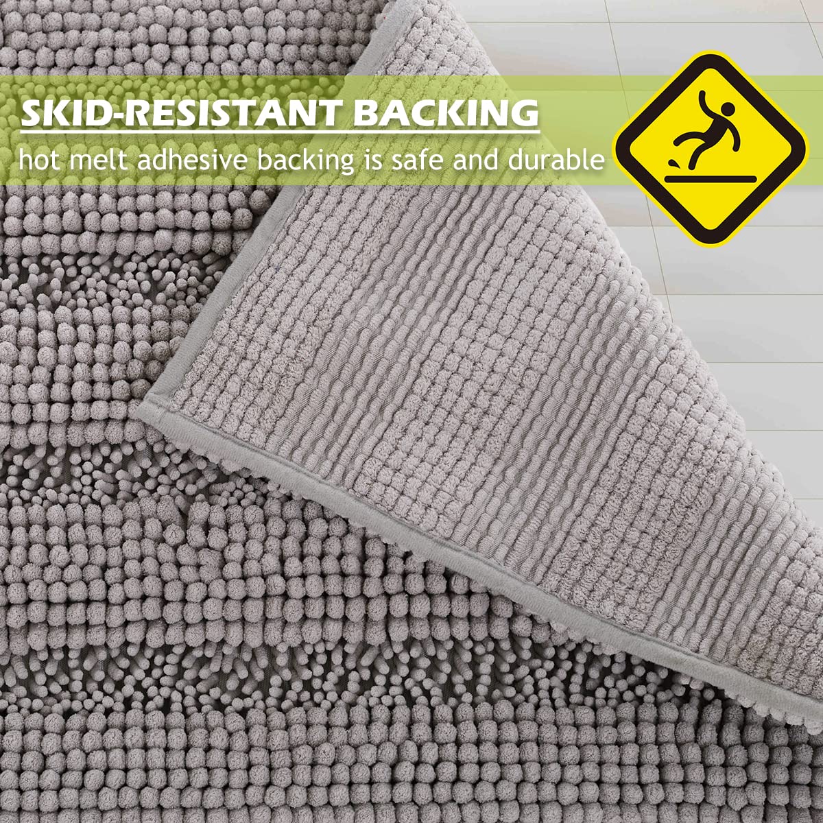 Grey Bath Mat - Large Soft Bathroom Rugs Water Absorbent Non-Slip Quick Drying Thick Shaggy Chenile Bathtub Floor Decor for Toilet Kitchen Entryway, 60" x 24", Light Gray, 1 Pc