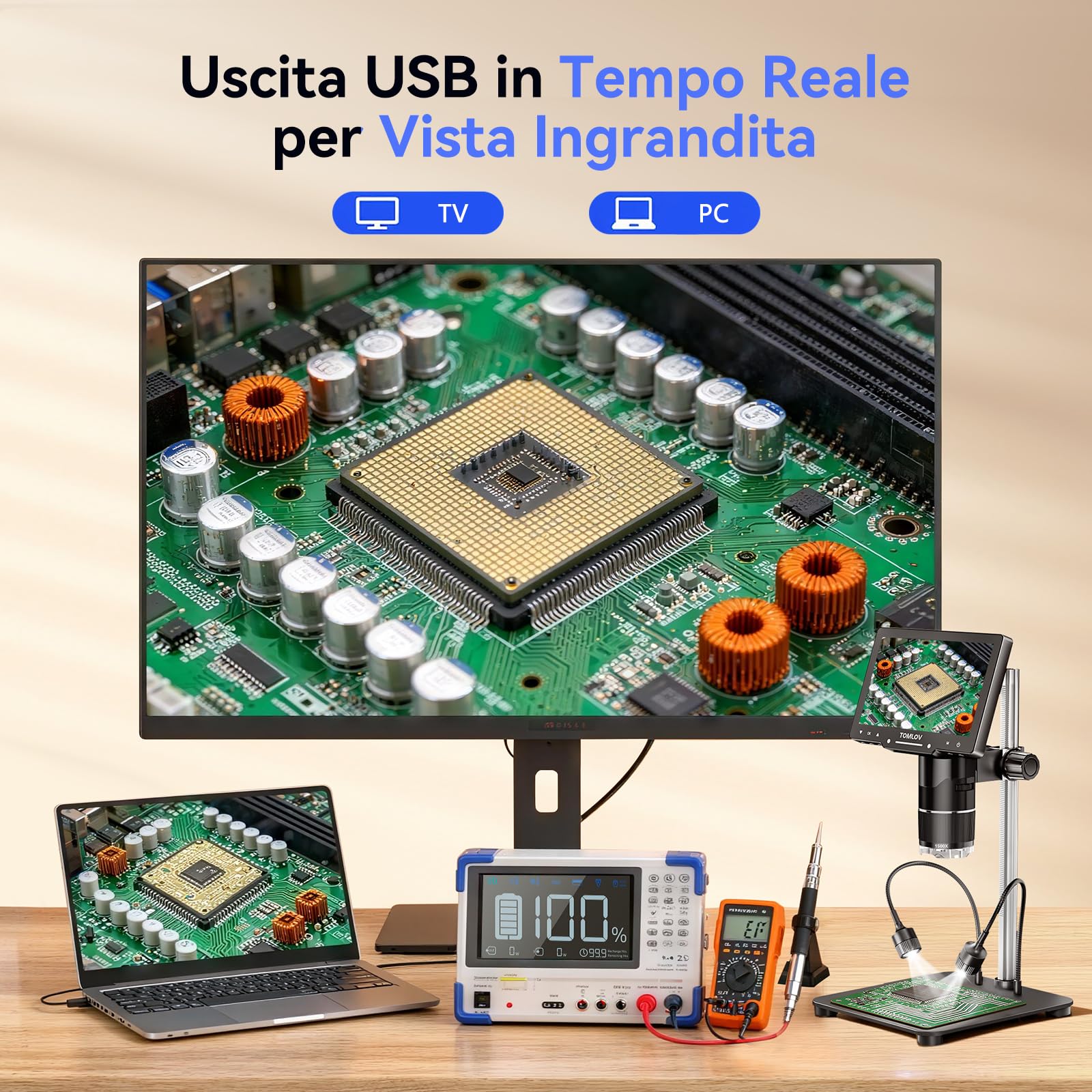 TOMLOV TriL107 Microscopio Digitale a 3 Lenti 7" 2K IPS, 2500X Ingrandimento per Monete e 14 LED, Microscopio di Saldatura con Supporto da 12,6" per Adulti, Compatibile con PC/TV, 64GB