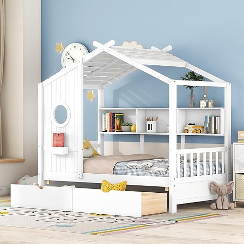 Miniatura 155 de Cama de casa de tamaño individual con 2 cajones, marco de cama de madera y barandilla de seguridad. Ahorra espacio, ideal para el dormitorio de un