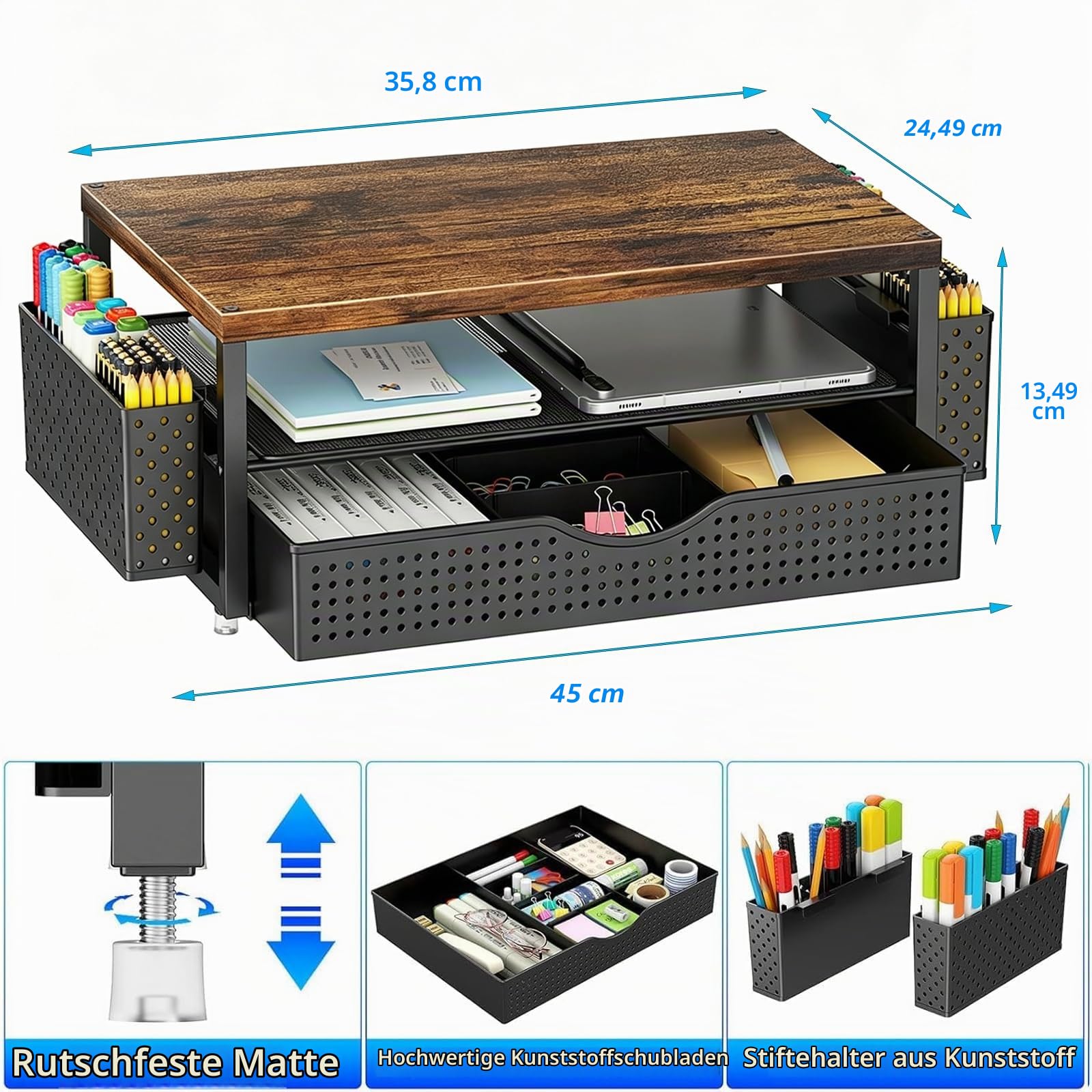 gianotter Monitorständer aus Holz, Büro-Schreibtisch-Organizer, Schreibtisch-Organizer mit Schublade und Stifthalter, 2-stöckiger Computerständer, Büroorganisation (Holz)