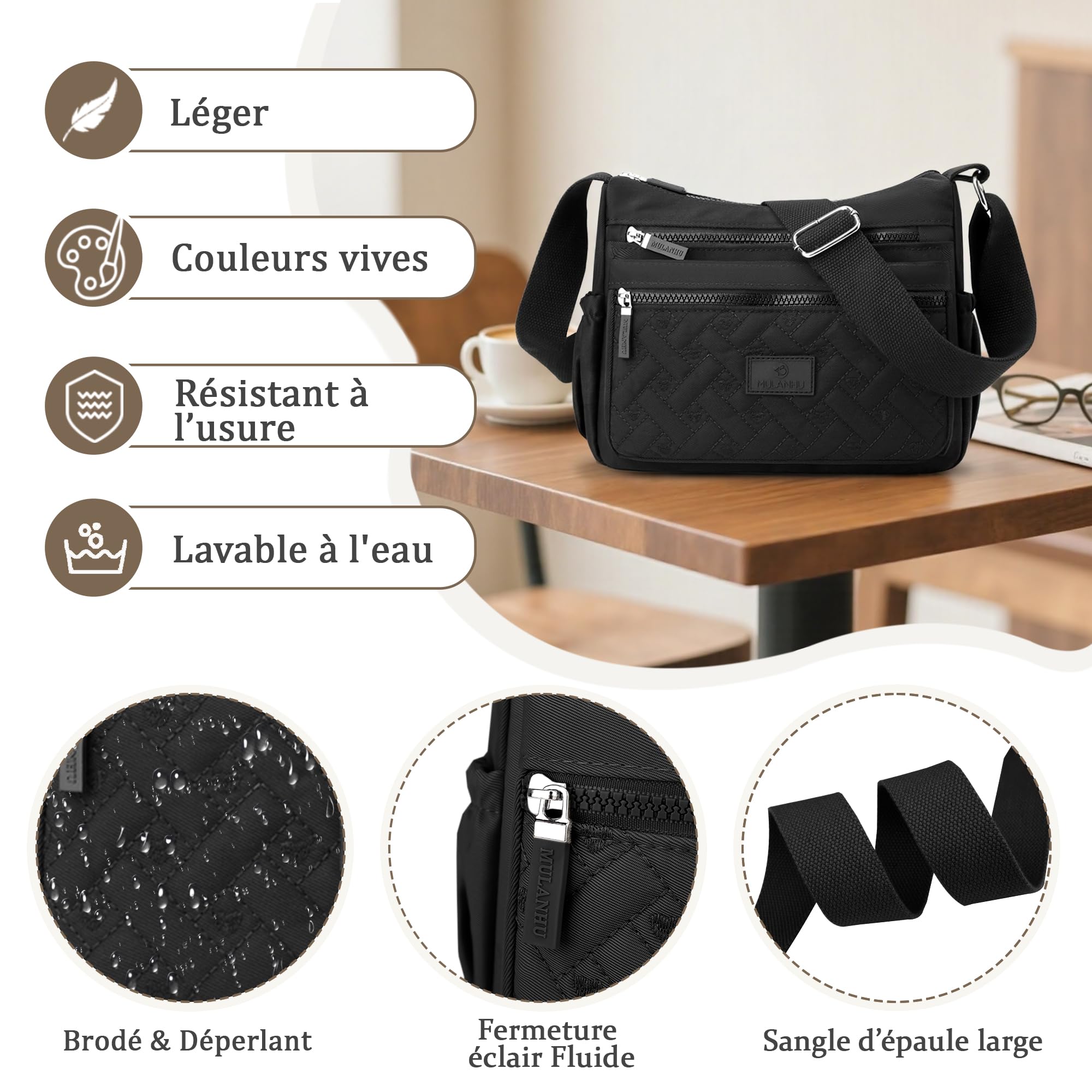 Femme Sac Bandoulière Multi-poches Sac Messenger Léger Résistant Polyester Sac à bandoulière pour Randonnée Voyages Noir