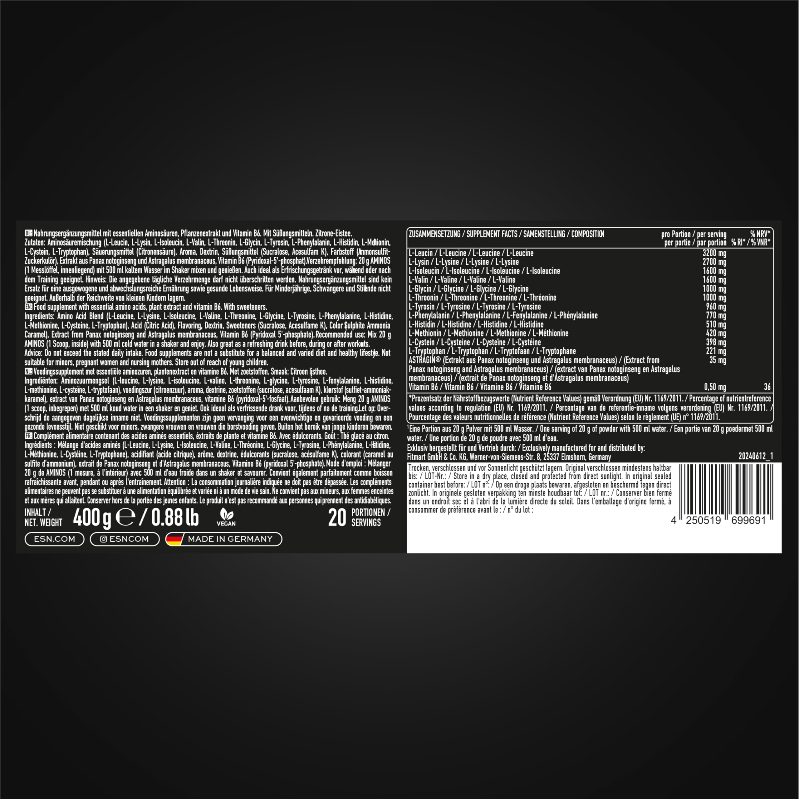 ESN AMINOS, Lemon Iced Tea, 400 g, feines Amino-Pulver mit essentiellen Aminosäuren & Astragin, 3,2 g Leucin pro Portion, ideale Löslichkeit, vegan - made in Germany