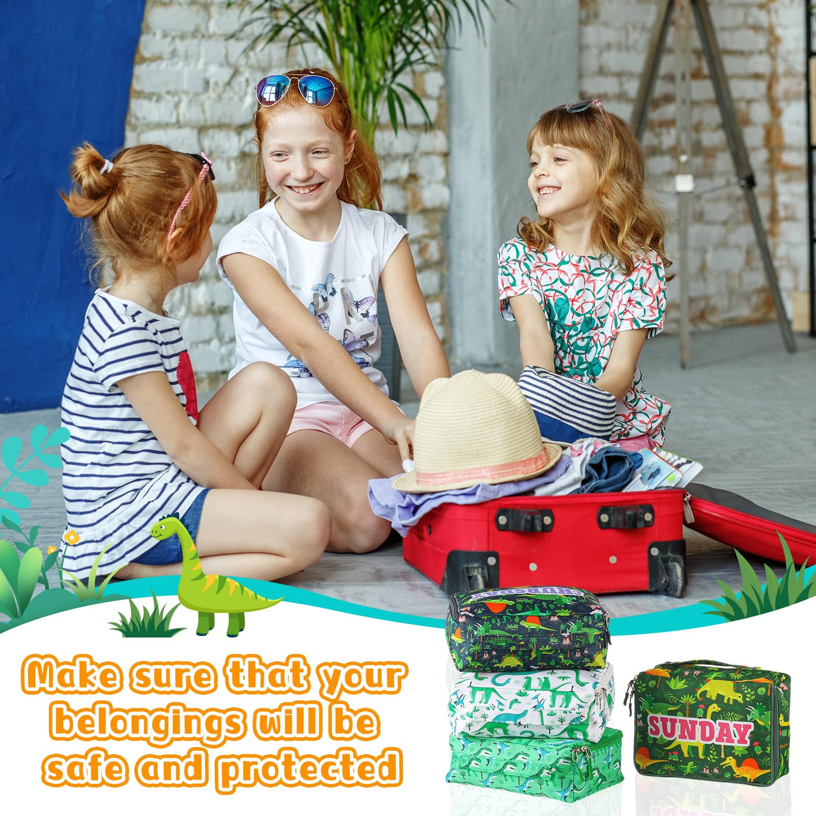 Paterr 7 cubi da imballaggio per bambini, per viaggi, giorni della settimana, cubi colorati per bagagli, valigie per vacanze del bambino (dinosauro)