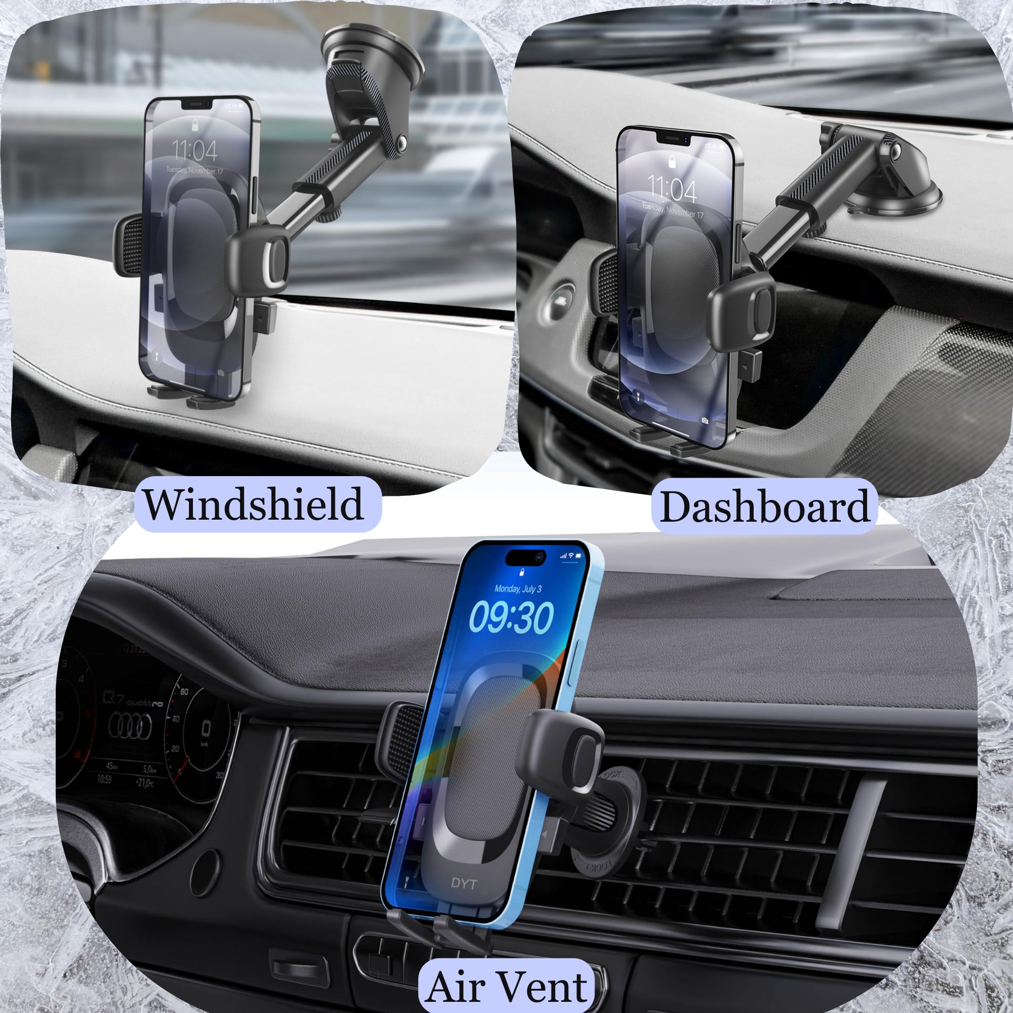 DYT Soporte para teléfono de coche [apto para carreteras con baches] Soporte de teléfono para salpicadero de coche, rejilla de ventilación 3 en 1, soporte manos libres para iPhone 15, 14, 13 Pro Max