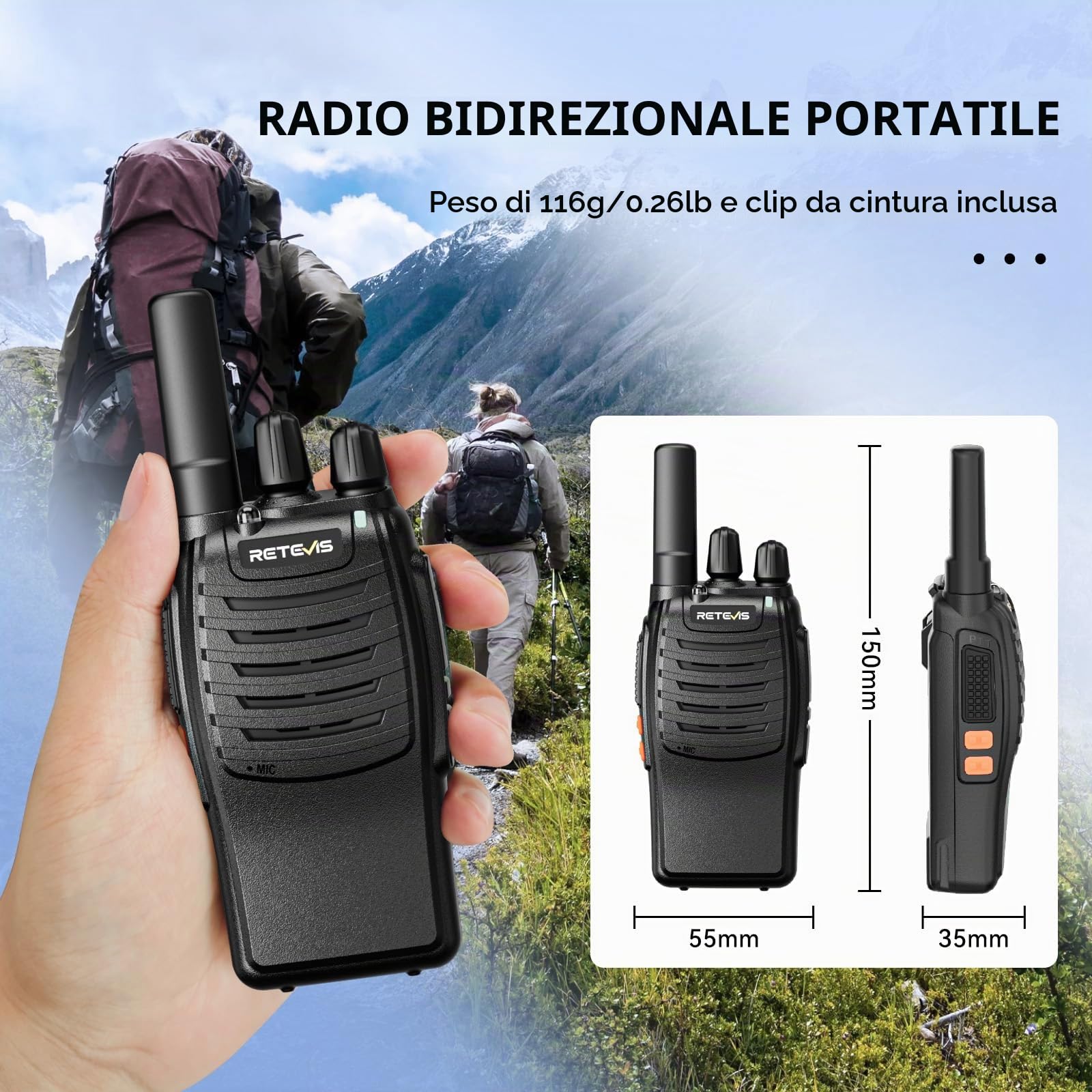 Retevis H777 Walkie Talkie Nero, PMR446 Ricetrasmittenti Professionali Associazione con un Tasto Radio Bidirezionale per Famiglia Ciclismo