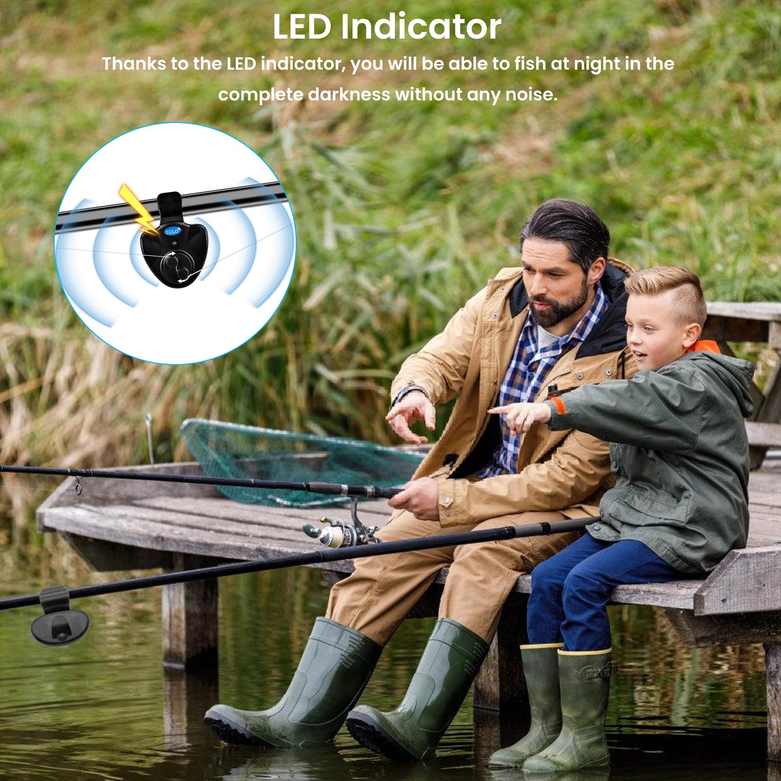 Lot de 4 détecteurs de touche électroniques pour la pêche - Avec indicateur lumineux LED - Vibration sensible sur la canne - Équipement de pêche