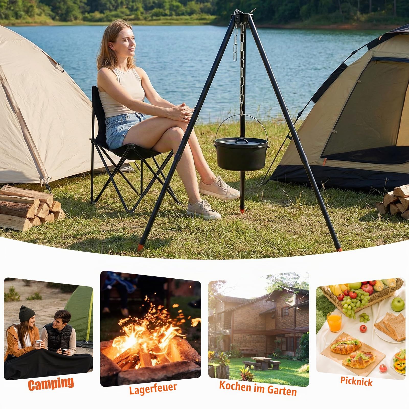 110CM Camping Stativ Lagerfeuer Kochen Stativ Outdoor Grillrost Stand Halterung Hängekette Verstellbar BBQ Dreibein im Freien(Silber)