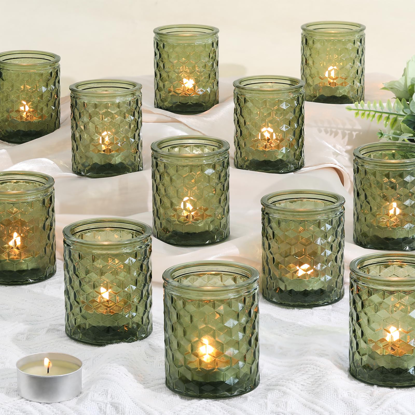 LETINE 12 Stück Teelichthalter, Glas Kerzenhalter, Langlebig und Hochwertige Grüner Teelichtgläser, 6,7 X 5,5 cm kerzengläser, Geeignet für Partys, Festivals, Hochzeiten, Heimdekoration