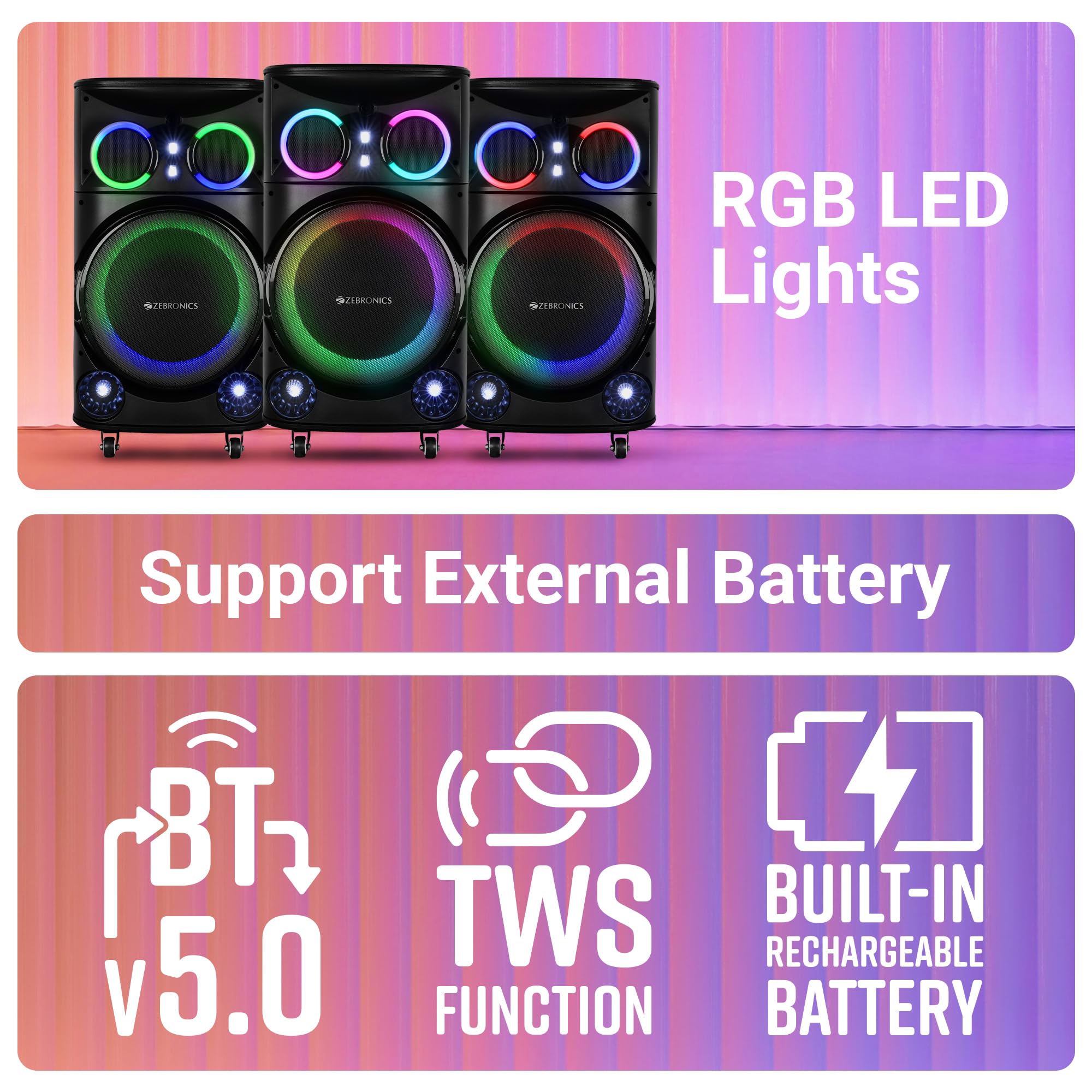 ZEBRONICS GINOX Plus Party Trolley DJ Speaker,160W,Upto 10H Battery,Karaoke,BT V5.0 | TWS | USB | Msd | 2X Mic & Guitar Input | Aux in/Out,RGB LED,12Full Range Driver,with 2X UHF Wireless Mic,Black - Image 5 thumbnail
