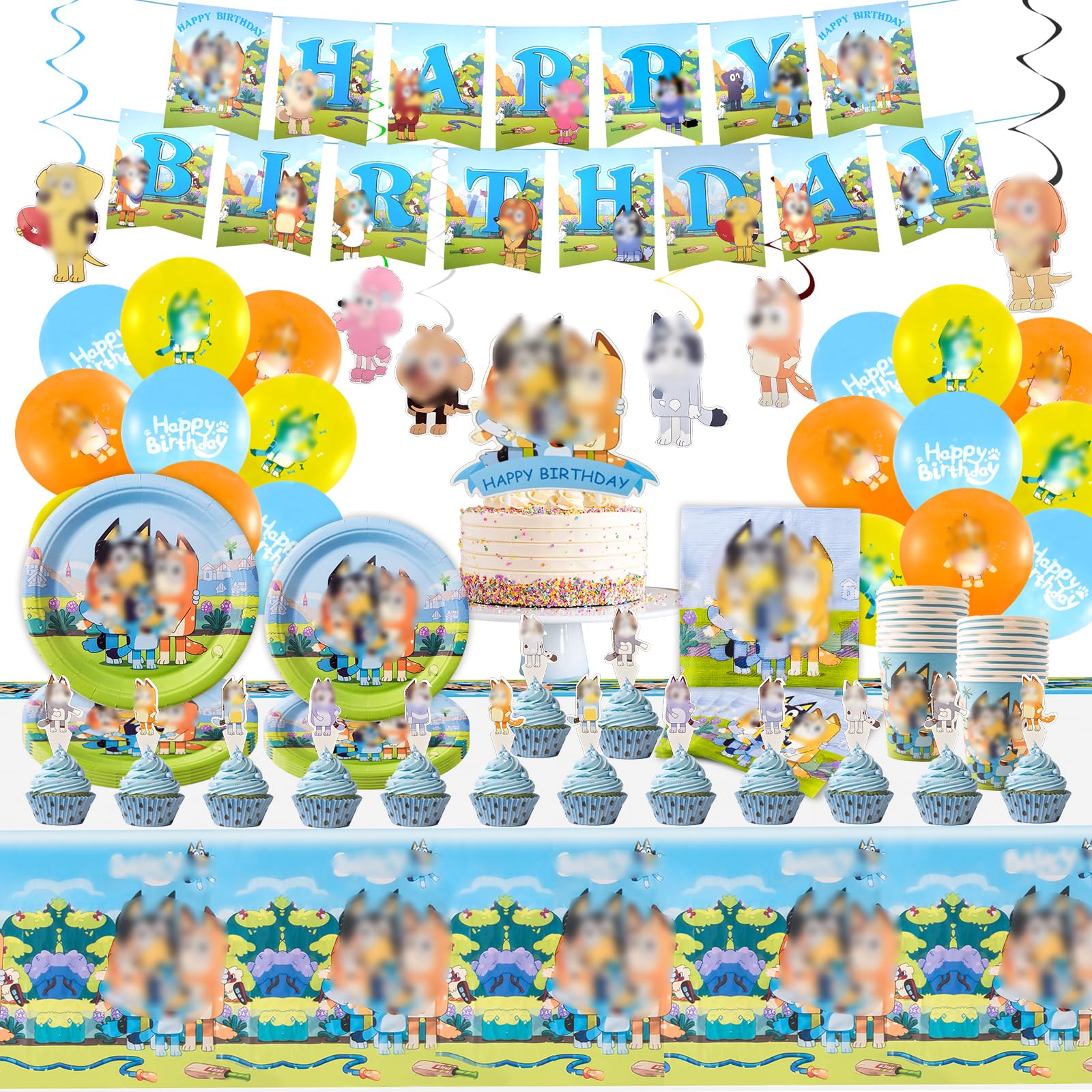 101 Pezzi Blue Decorazione di Compleanno, Set di Stoviglie con Piatti Tovaglie Tovaglioli Palloncini, Decorazioni per Feste di Compleanno per Bambini e Ragazze