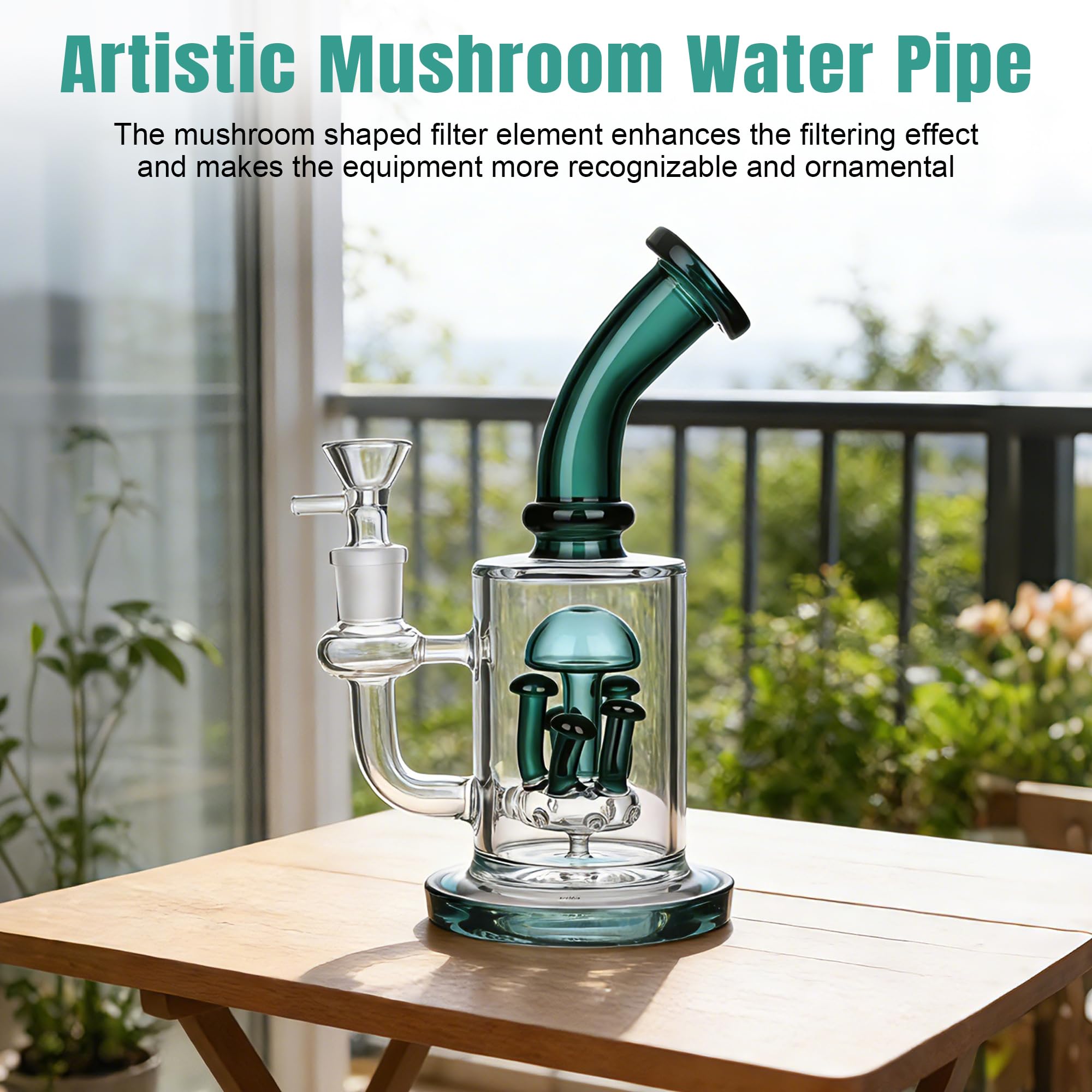 Chillbong 22cm Glasbong avec filtre Mushroom, bol de 14,5 mm, Poids 500g, verre résistant artisanal, tuyau de récipient de filtrage - Lake Green