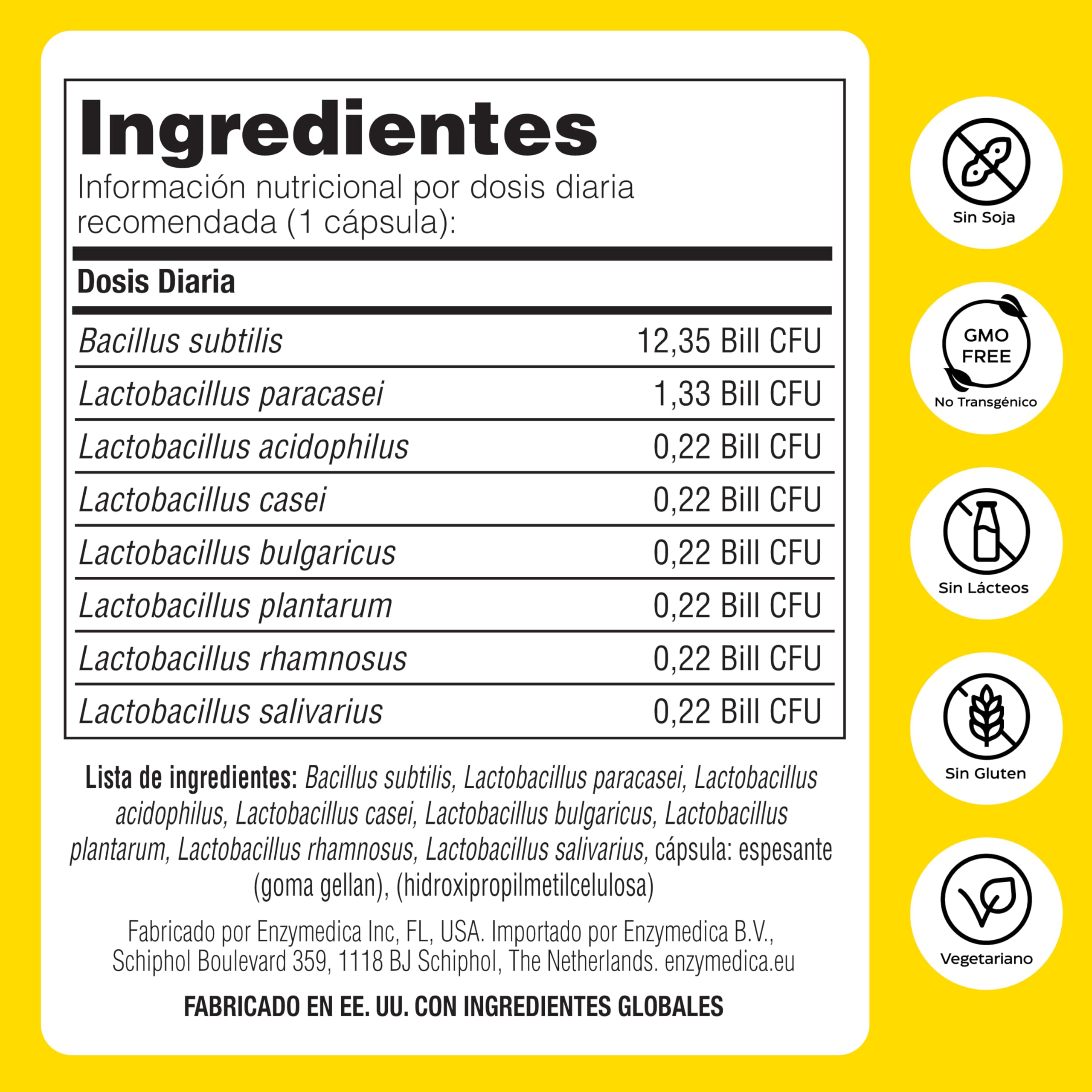 Enzymedica, Pro-Bio, Para un Intestino Sano, Aumenta la Digestión y la Regularidad, Reduce la Hinchazón y los Gases, Con 15 Mil Millones de UFC, Sin Gluten, 90 Cápsulas