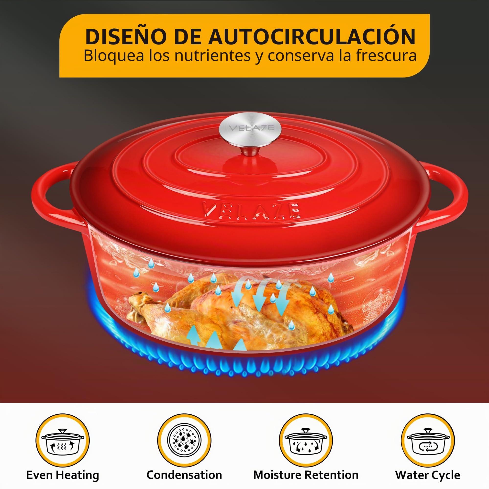 Velaze - Olla de Hierro Fundido Esmaltado con Tapa para Inducción, 30 cm, Brasea, Buen Sellado, Olla de Sopa, Revestimiento Antiadherente, Diámetro de 30 cm