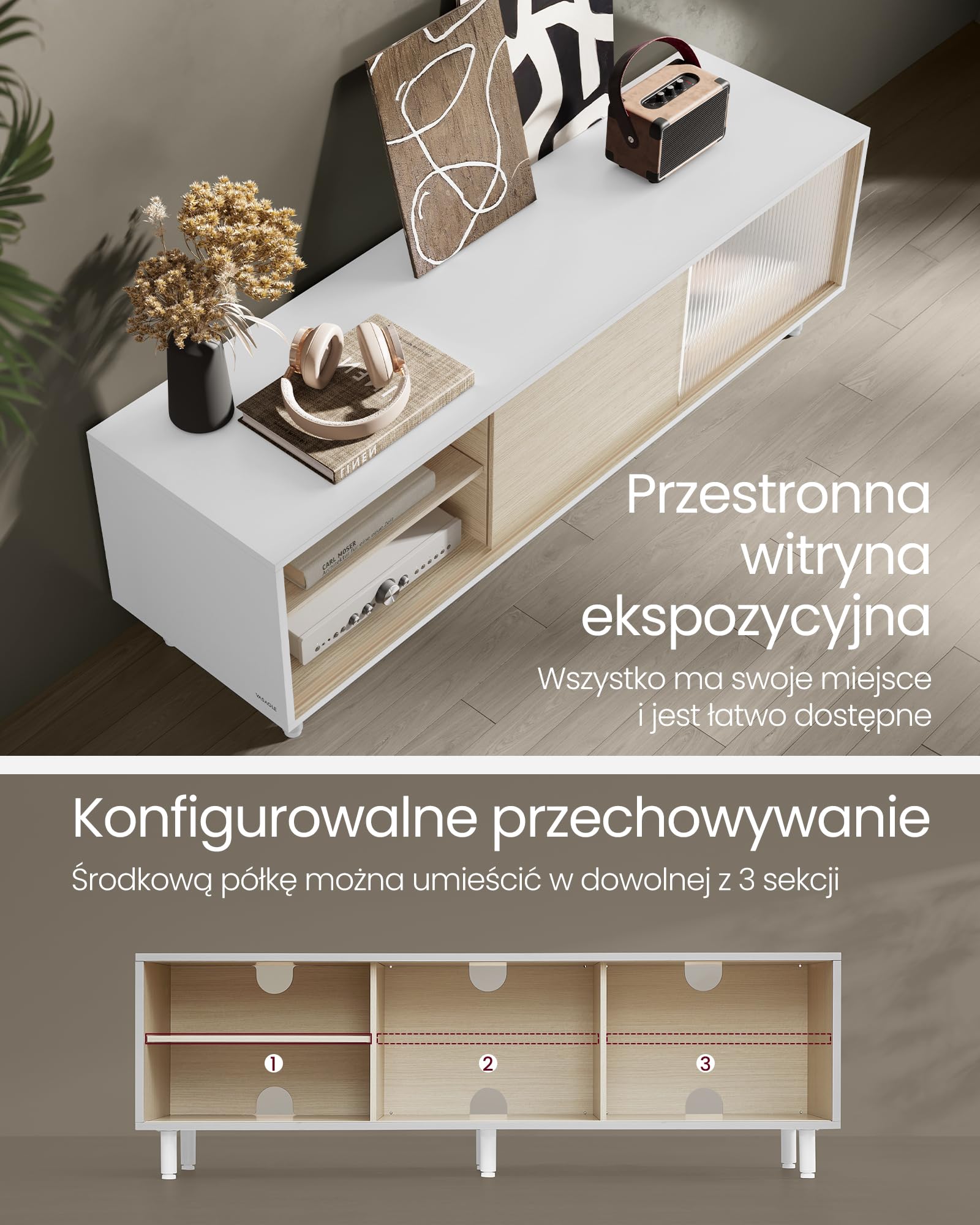 VASAGLE Superszybki, beznarzędziowy montaż, szafka RTV do telewizorów do 60 cali, szafka pod telewizor salonu, 140 x 39 x 45 cm, technologia beznarzędziowa, chmura biało-naturalny beż LTV466W01