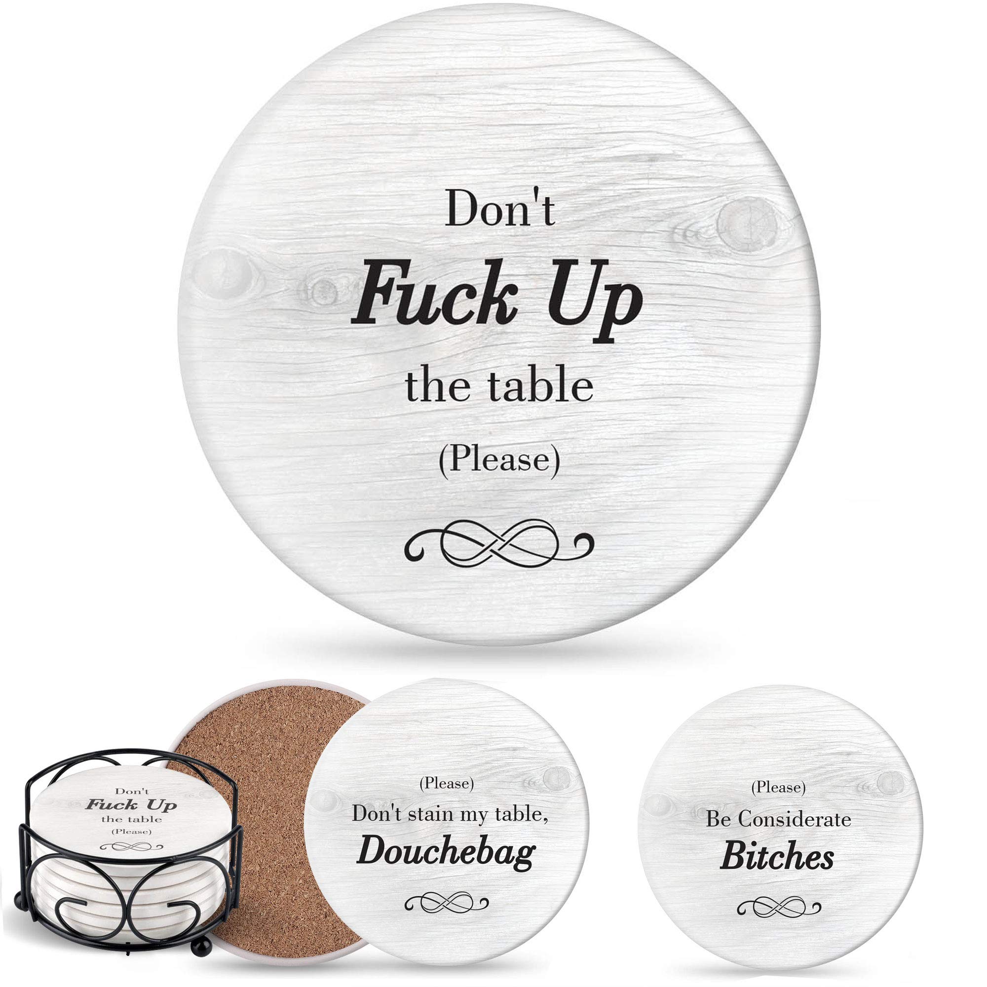 Funny Coasters for Drinks with Holder - Absorbent Drink Coasters Set 6 Pcs - 3 Sayings - Housewarming Gifts for Friends - Men, Women Birthday - Cool Home Decor - Living Room, Kitchen, Bar Decorations