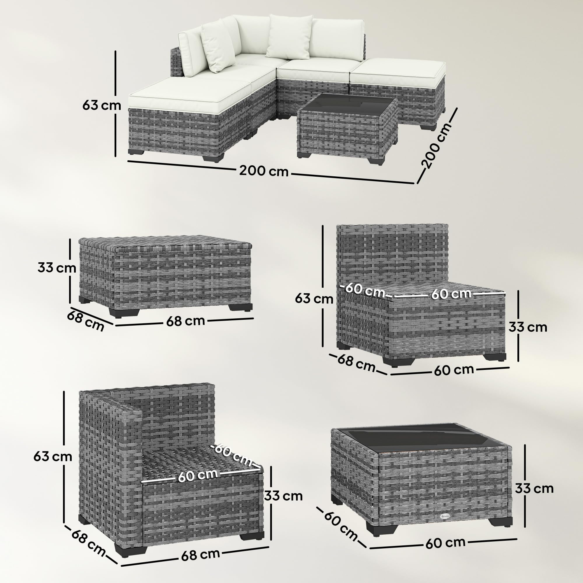 Outsunny Set Salotto da Giardino in Rattan 6 Pezzi, Set di Mobili da Giardino ad L con Divani senza Braccioli, Sedia Angolare, Poggiapiedi, Cuscini, Tavolino, Salottino da Esterno Patio, Grigio Misto
