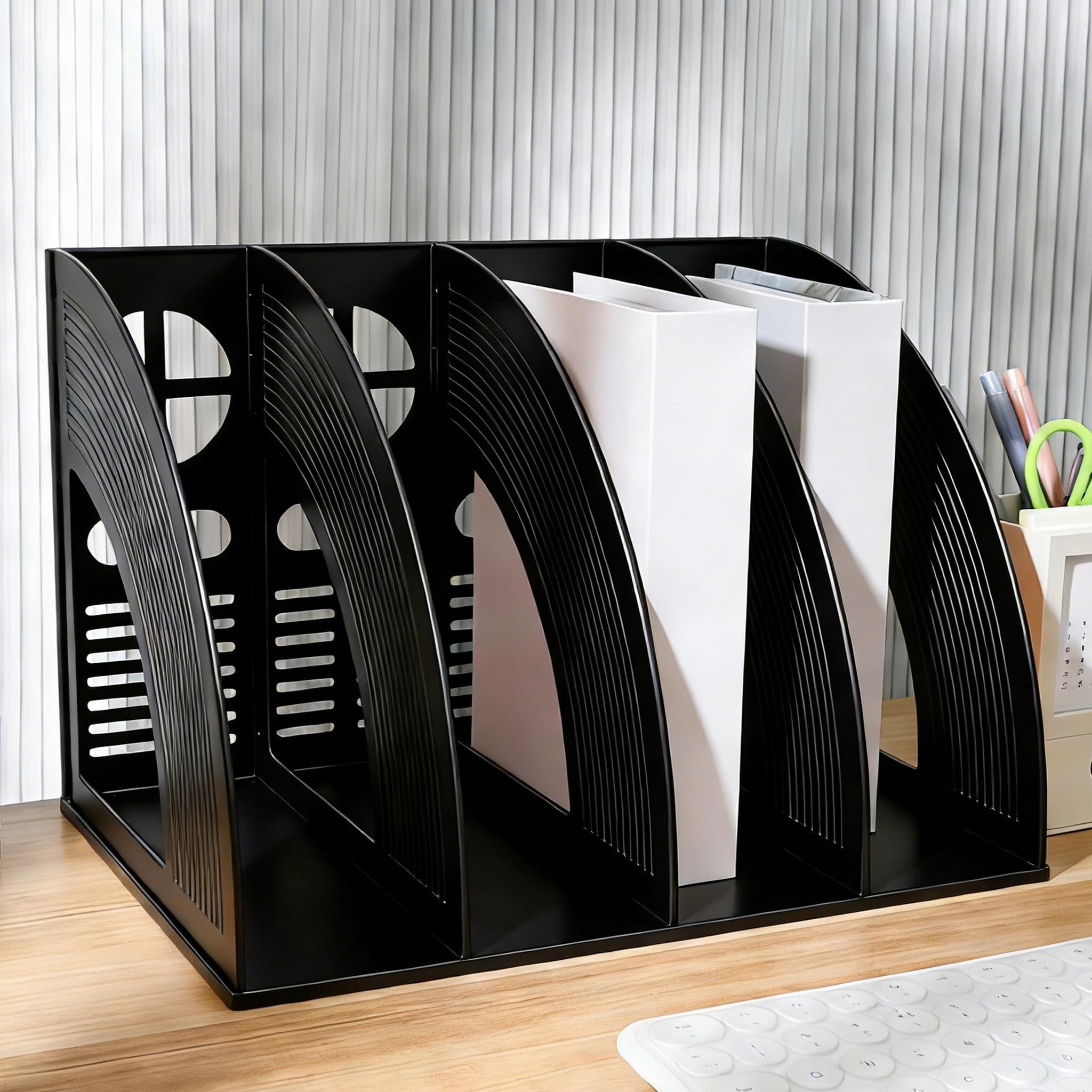 Vurixfo Black A4 File Holder, 4 Sections Magazine File Folder Desk Organizer Plastic Desk Files Organiser Files Storage Folders Document Rack Vertical Magazine Rack For Office Storage And Organiser